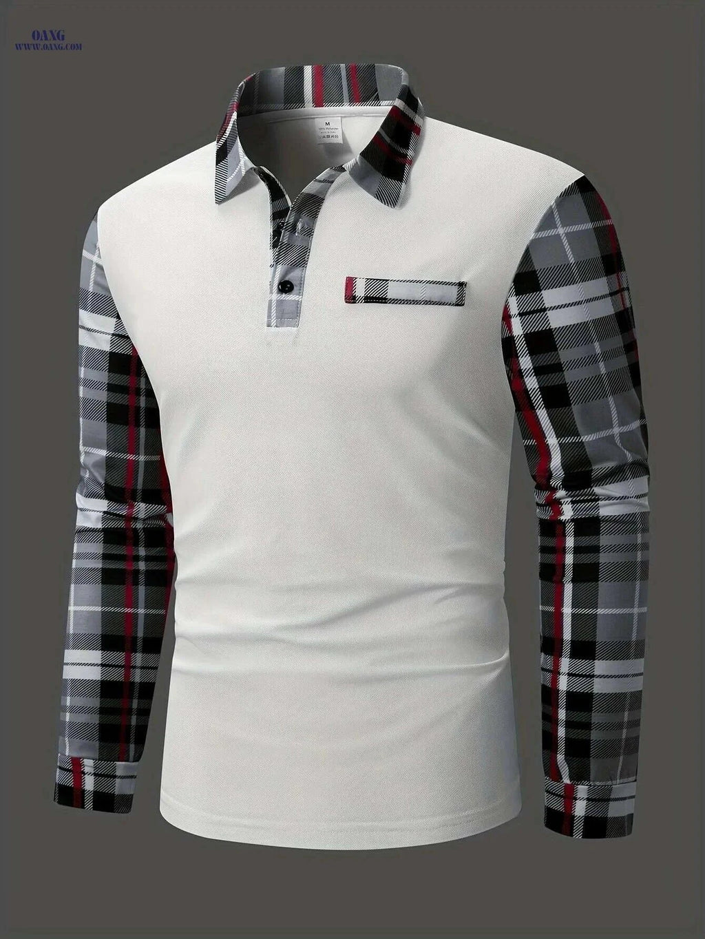 Men's Casual Plaid Long Sleeve Shirt - Polyester Button-Up for Fall   OAXG White / S