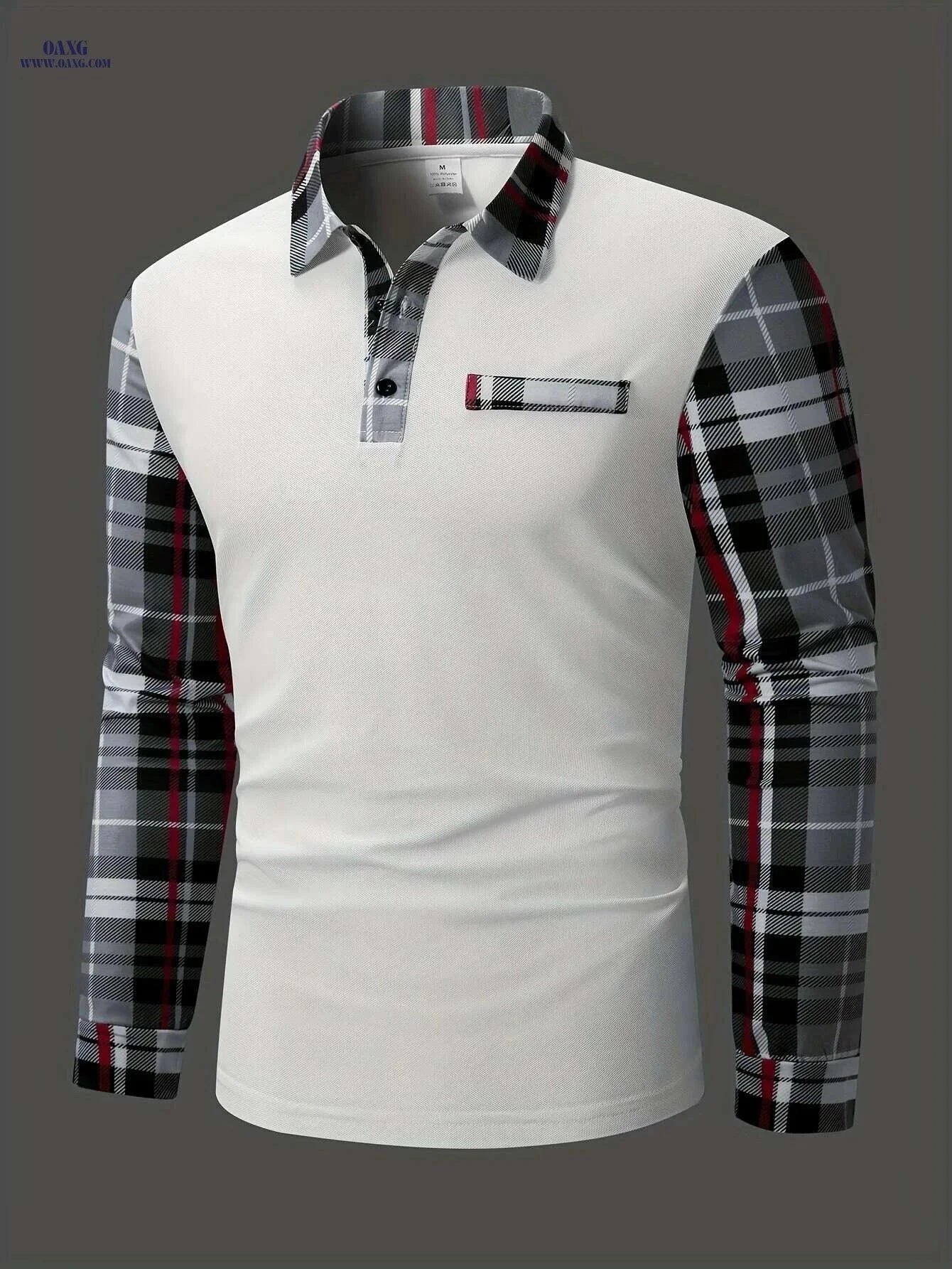 Men's Casual Plaid Long Sleeve Shirt - Polyester Button-Up for Fall   OAXG White / S