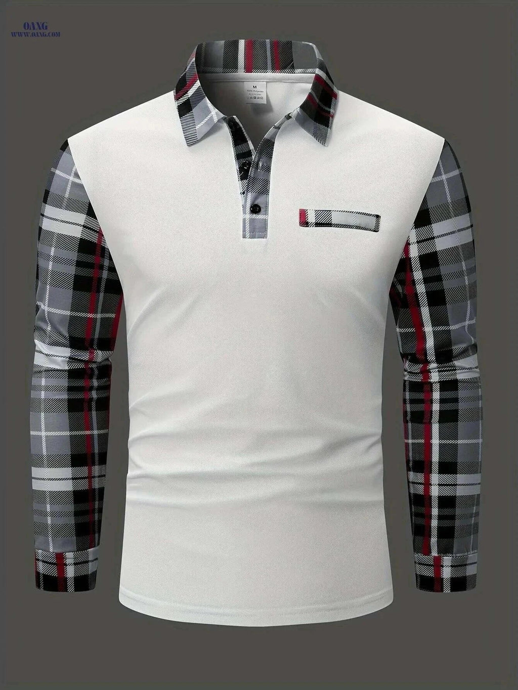 Men's Casual Plaid Long Sleeve Shirt - Polyester Button-Up for Fall   OAXG White / S