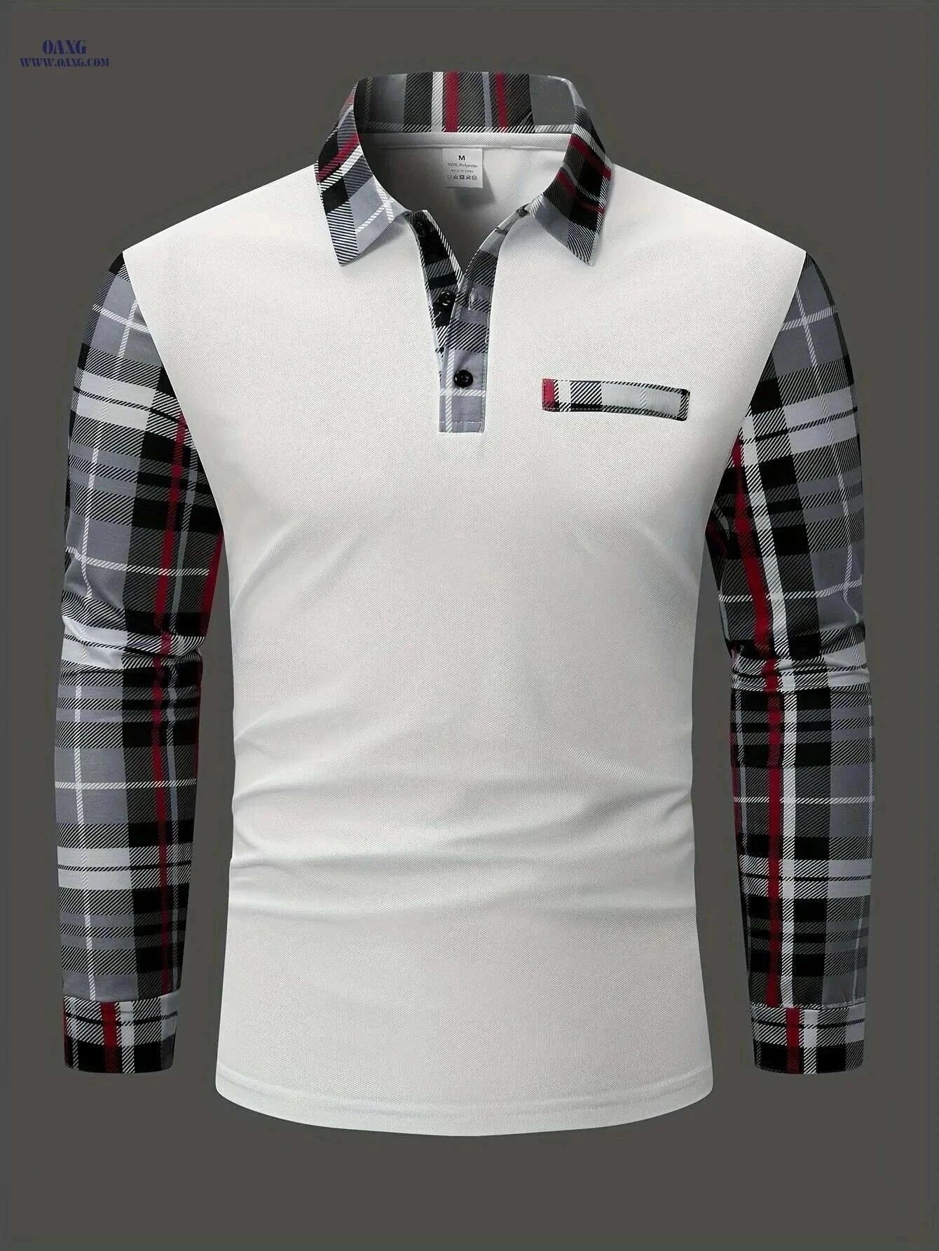 Men's Casual Plaid Long Sleeve Shirt - Polyester Button-Up for Fall   OAXG White / S