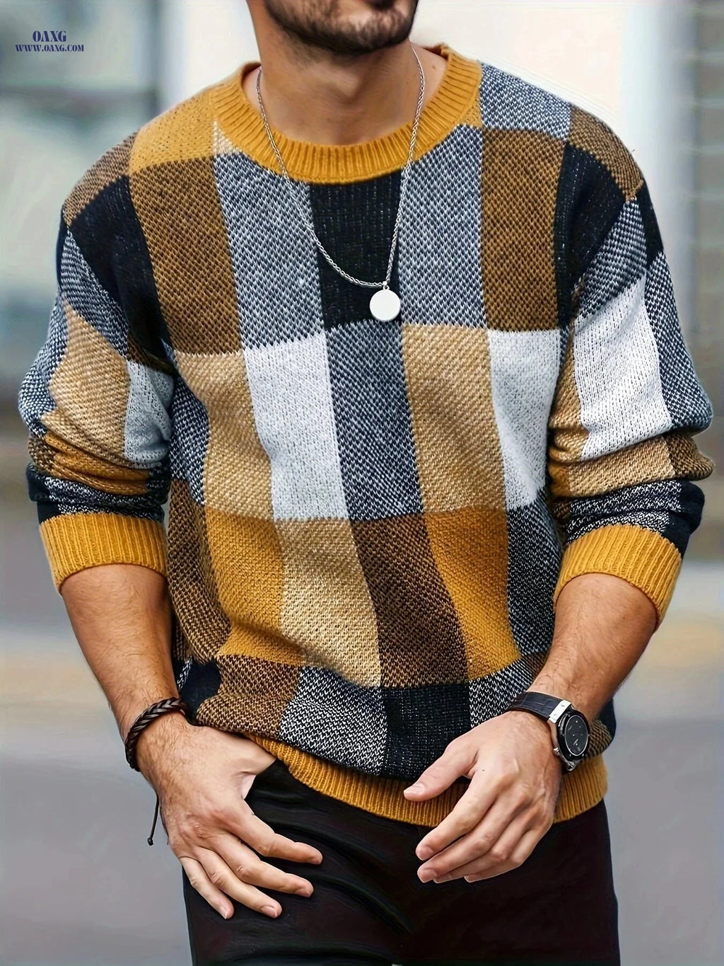 Men's Casual Plaid Pullover - Retro Style Round Neck Sweater   OAXG 
