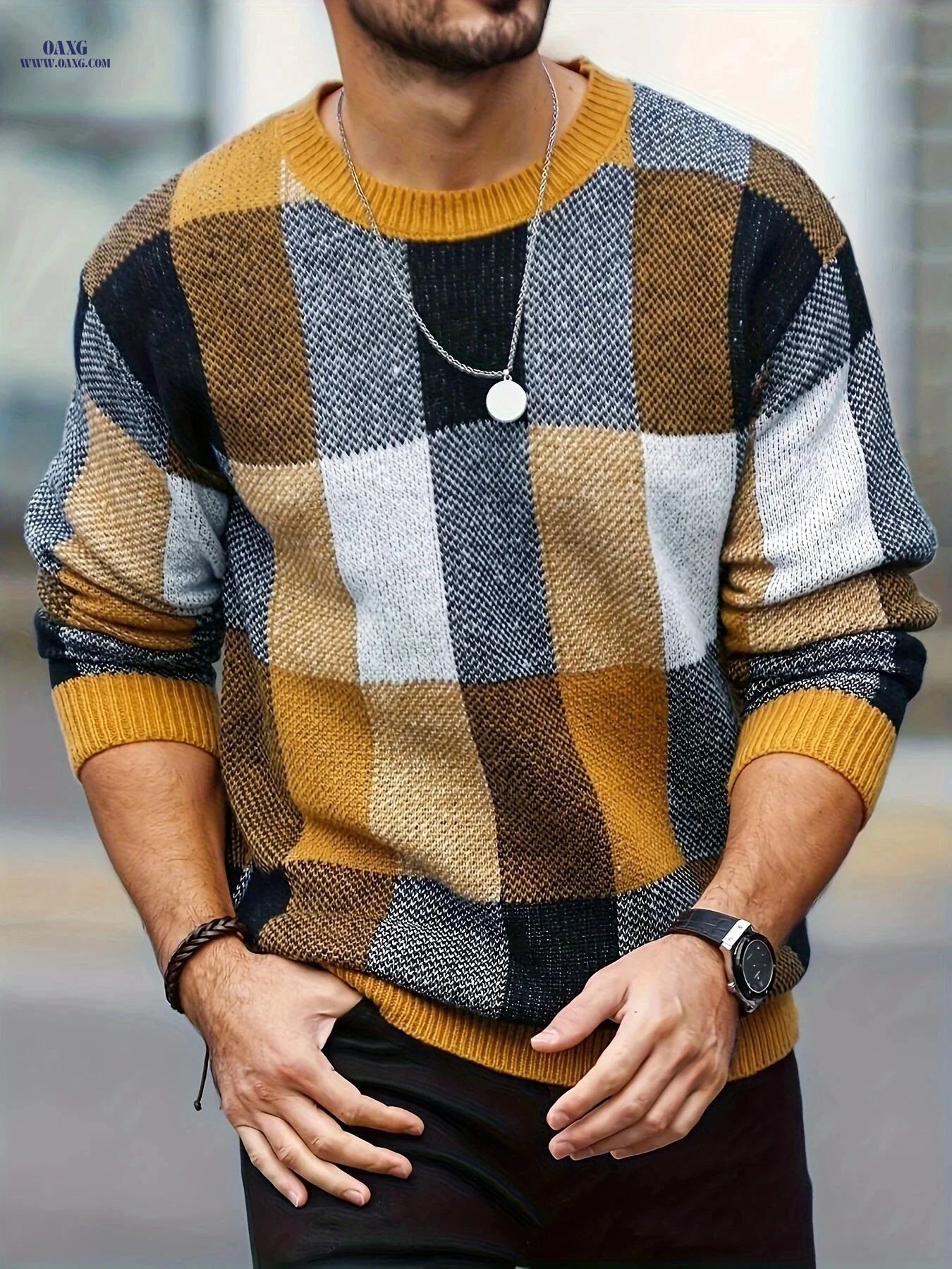 Men's Casual Plaid Pullover - Retro Style Round Neck Sweater   OAXG 