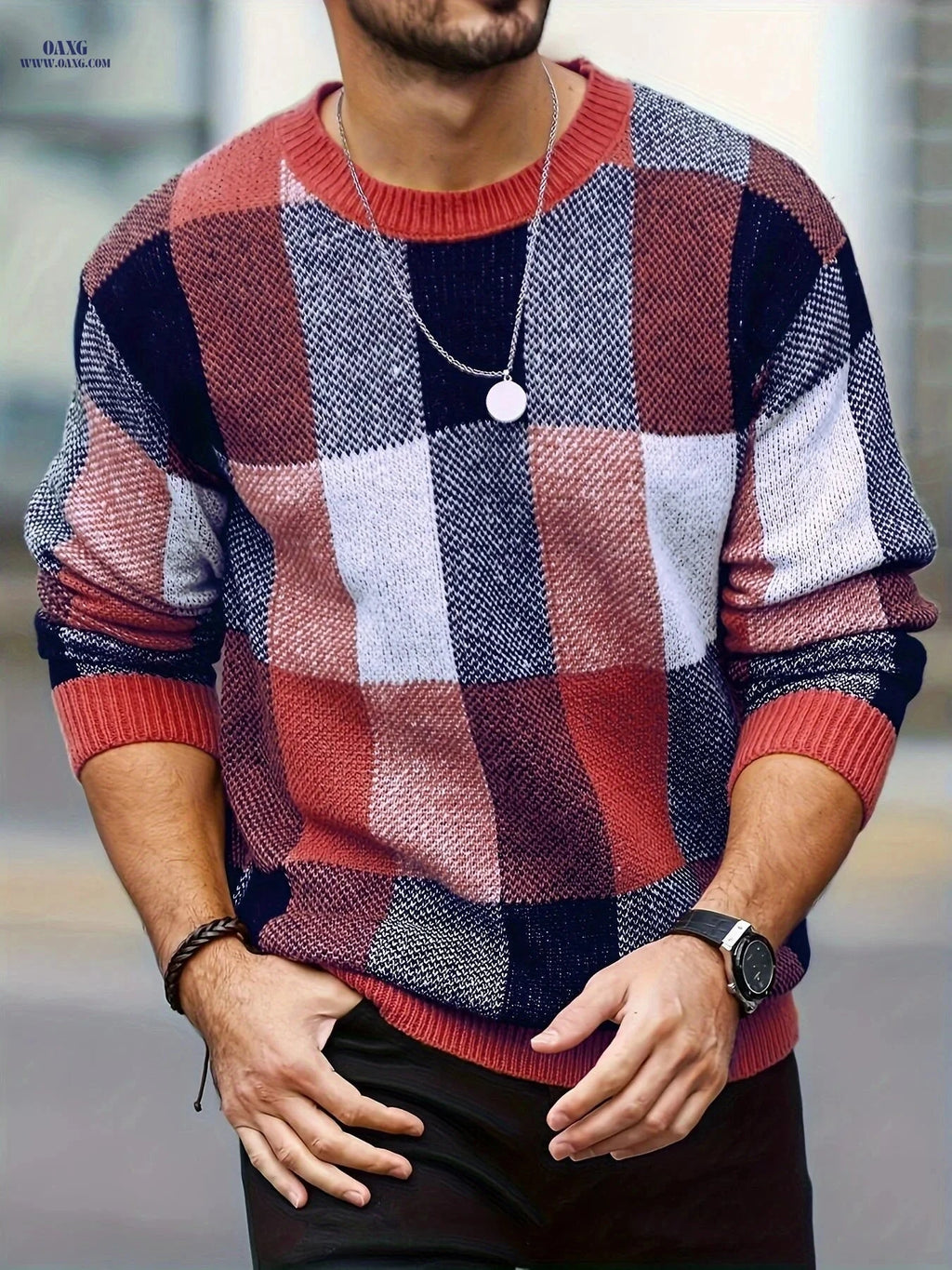 Men's Casual Plaid Pullover - Retro Style Round Neck Sweater   OAXG Orange / FR S