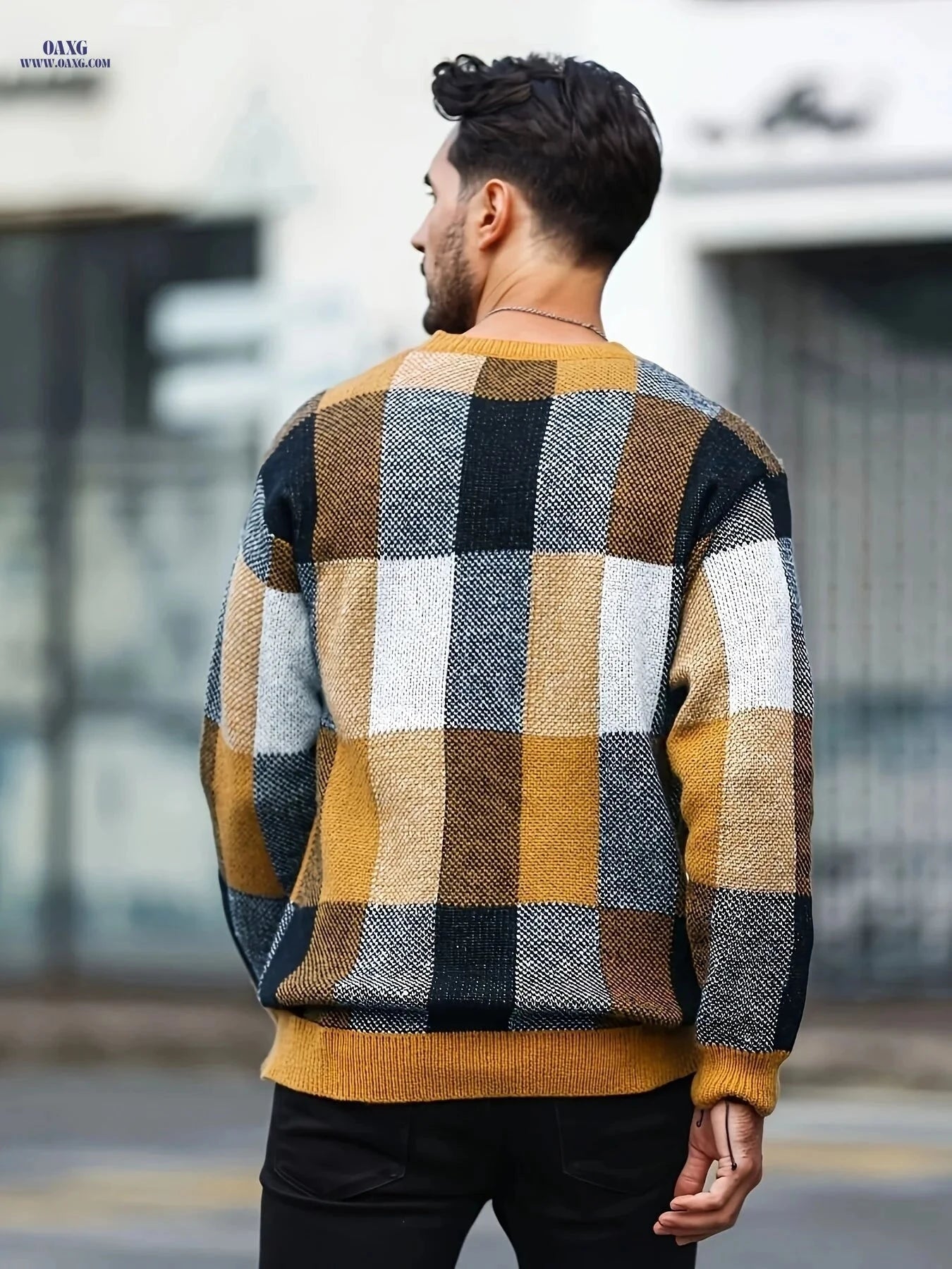 Men's Casual Plaid Pullover - Retro Style Round Neck Sweater   OAXG Orange / FR S