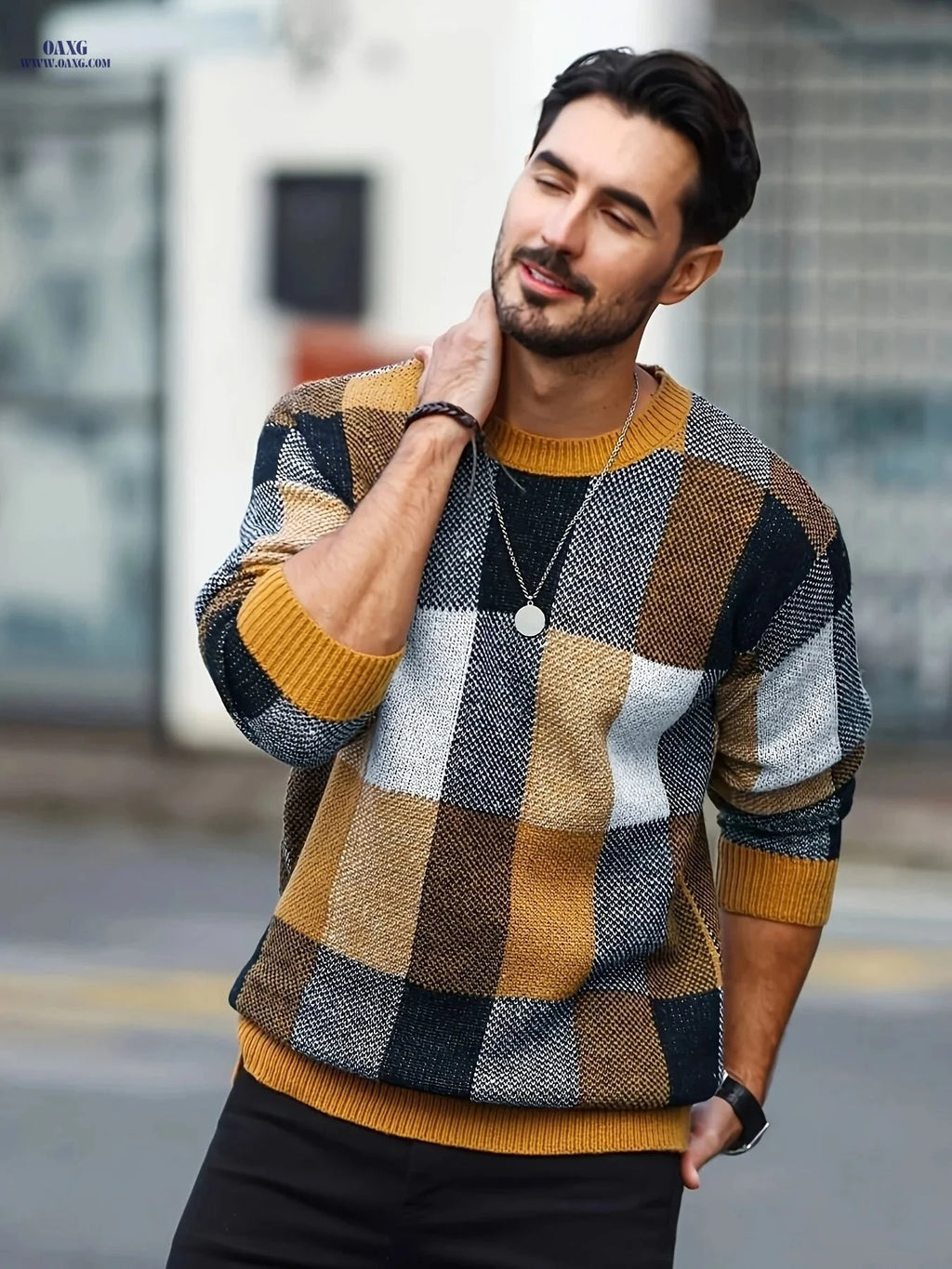 Men's Casual Plaid Pullover - Retro Style Round Neck Sweater   OAXG Orange / FR S