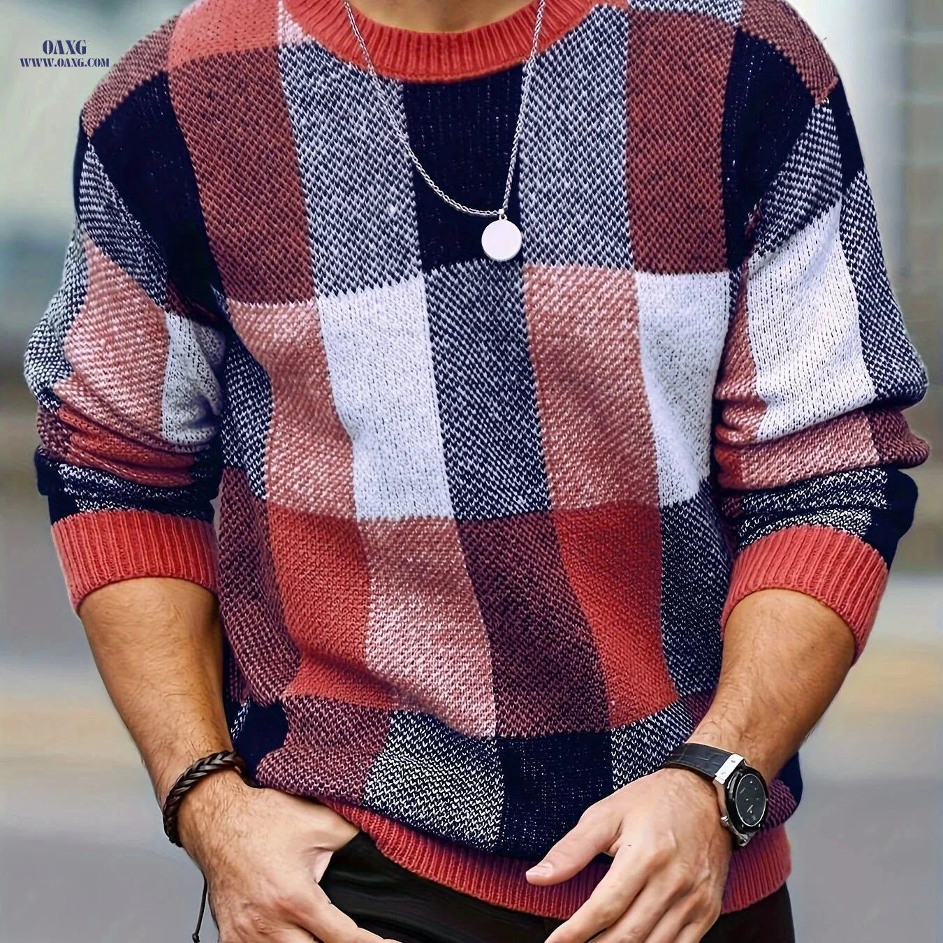 Men's Casual Plaid Pullover - Retro Style Round Neck Sweater   OAXG Orange / FR S