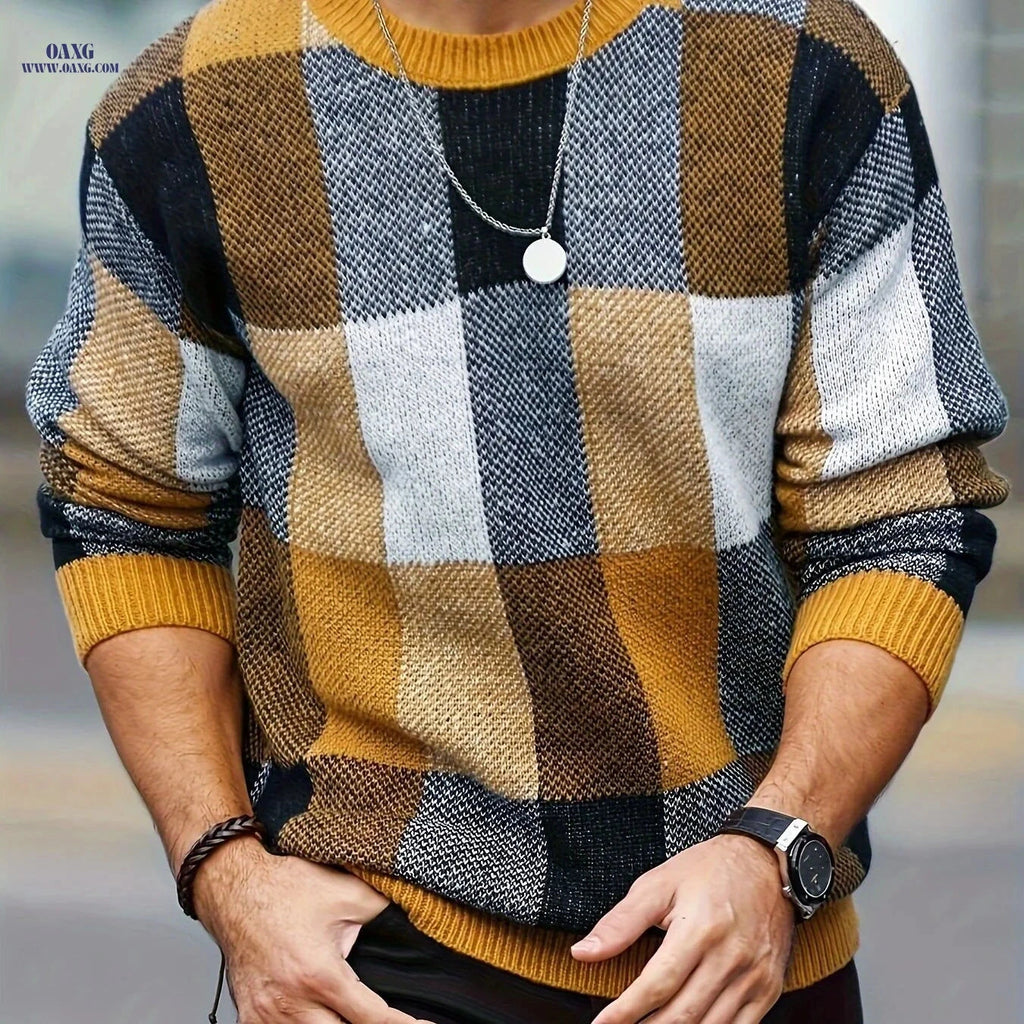 Men's Casual Plaid Pullover - Retro Style Round Neck Sweater   OAXG Orange / FR S