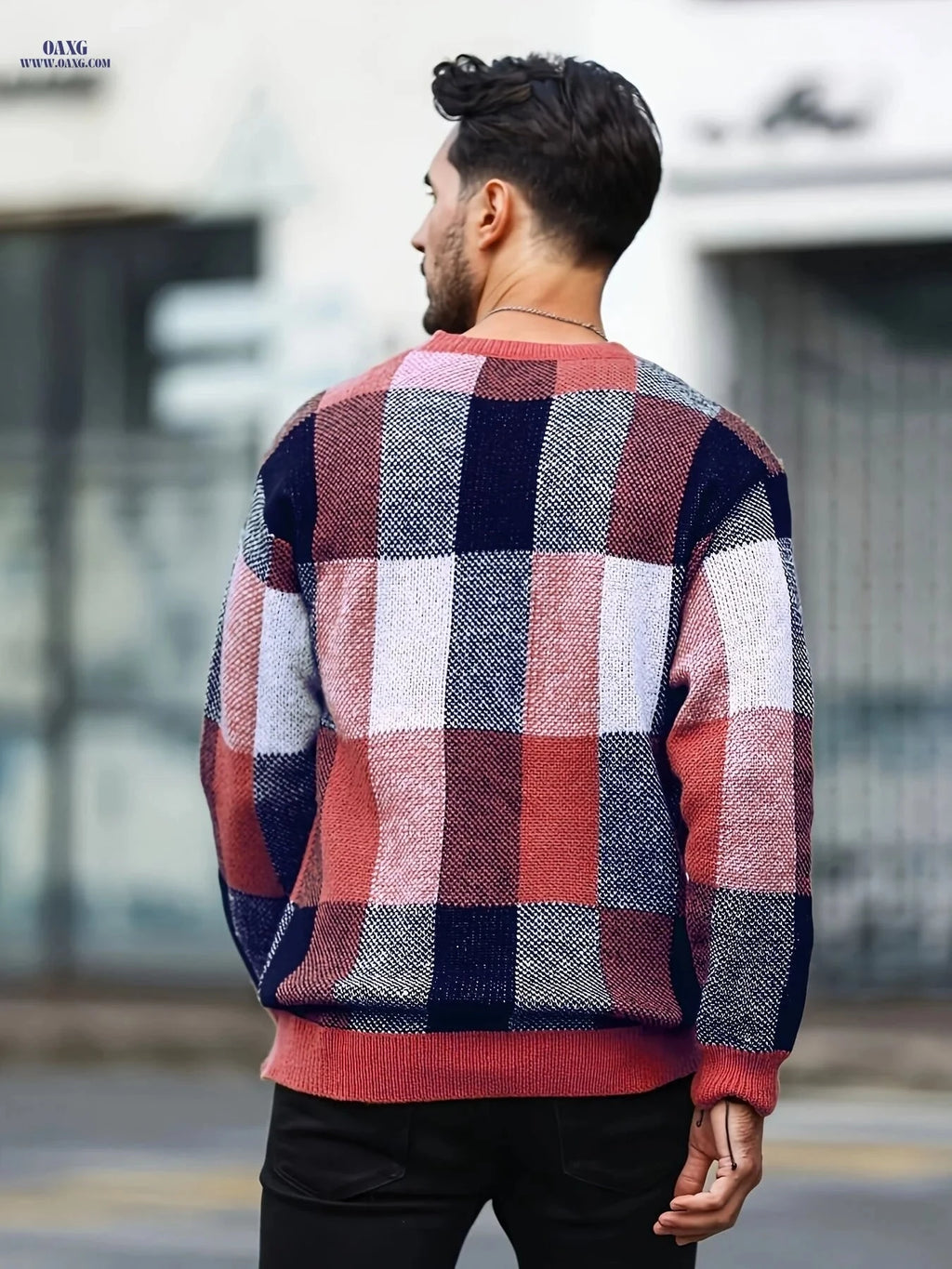 Men's Casual Plaid Pullover - Retro Style Round Neck Sweater   OAXG 