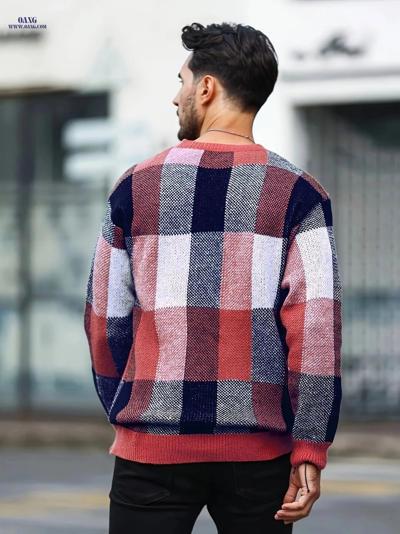 Men's Casual Plaid Pullover - Retro Style Round Neck Sweater   OAXG 