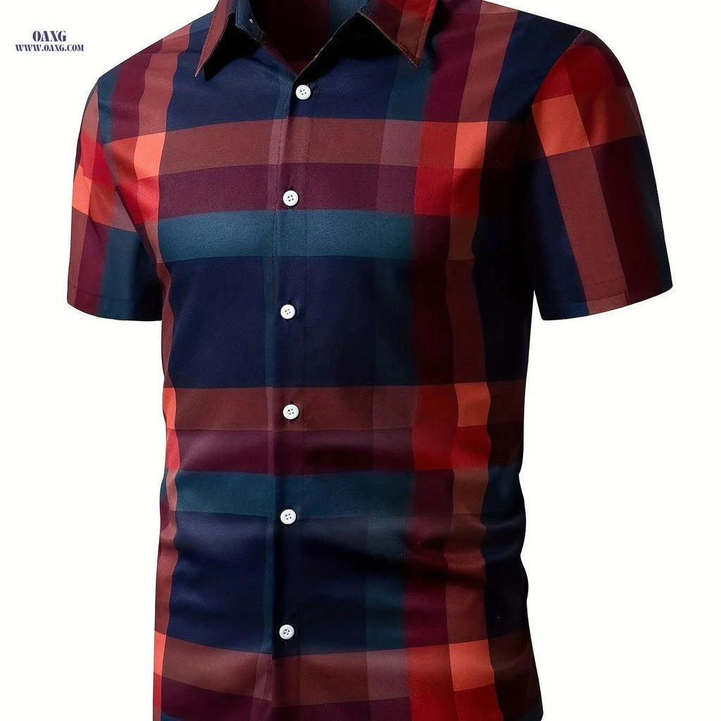 Men's Casual Plaid Shirt - Short Sleeve, Breathable Summer Style   OAXG Red / FR S