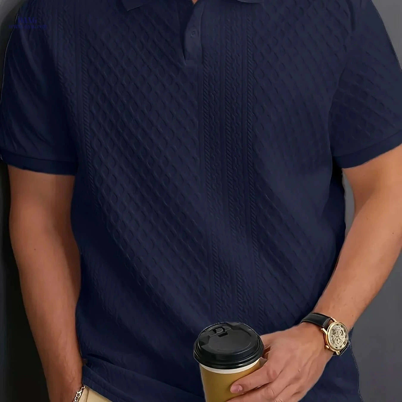 Men's Casual Polo Shirt - Breathable, Solid Color, Button Style   OAXG 