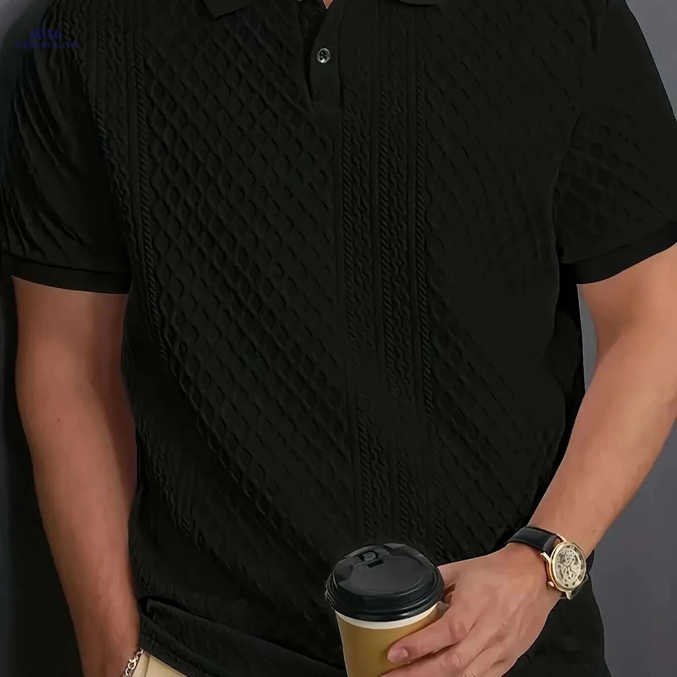 Men's Casual Polo Shirt - Breathable, Solid Color, Button Style   OAXG 