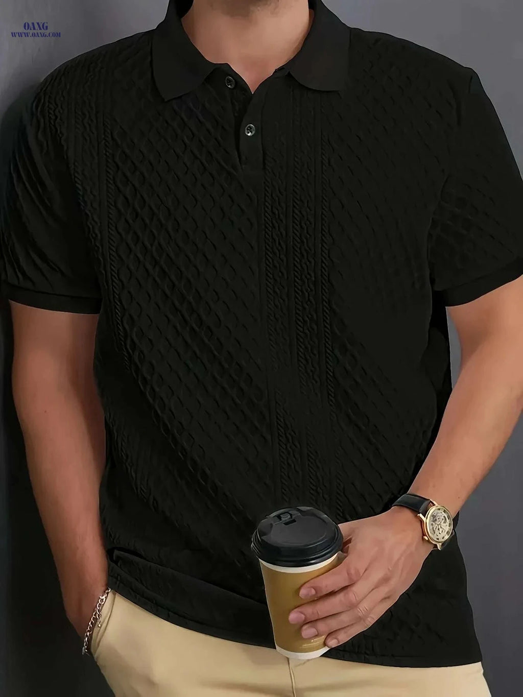 Men's Casual Polo Shirt - Breathable, Solid Color, Button Style   OAXG 