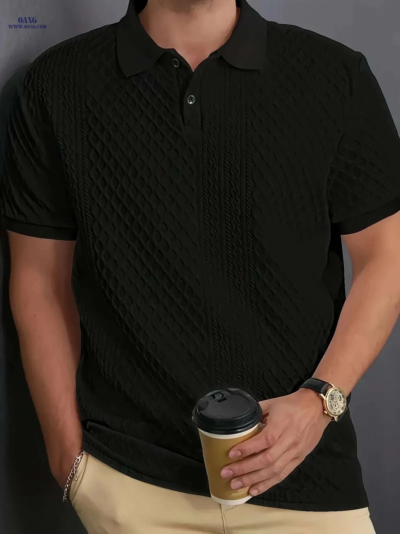 Men's Casual Polo Shirt - Breathable, Solid Color, Button Style   OAXG 