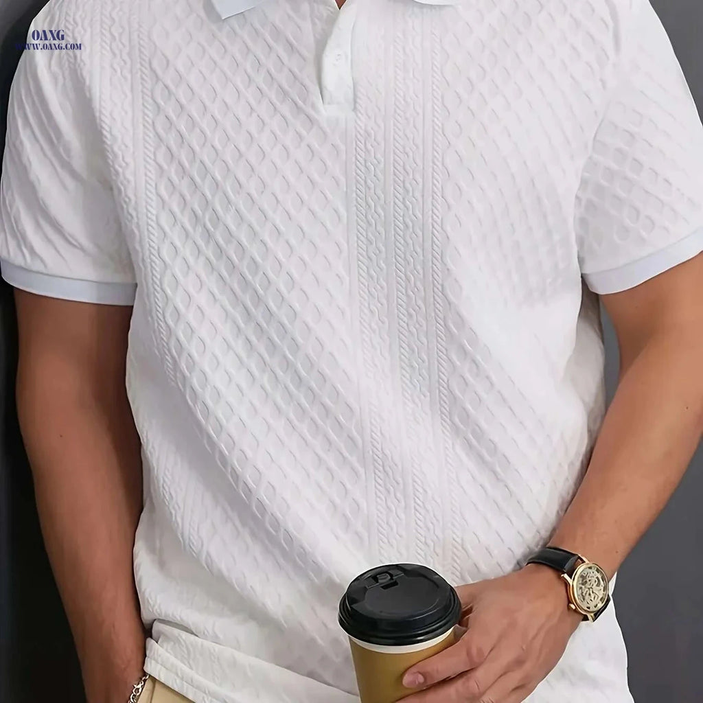 Men's Casual Polo Shirt - Breathable, Solid Color, Button Style   OAXG 