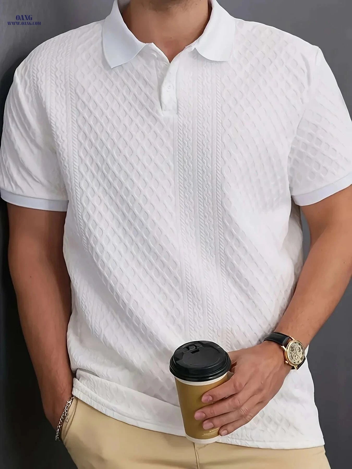 Men's Casual Polo Shirt - Breathable, Solid Color, Button Style   OAXG White / S