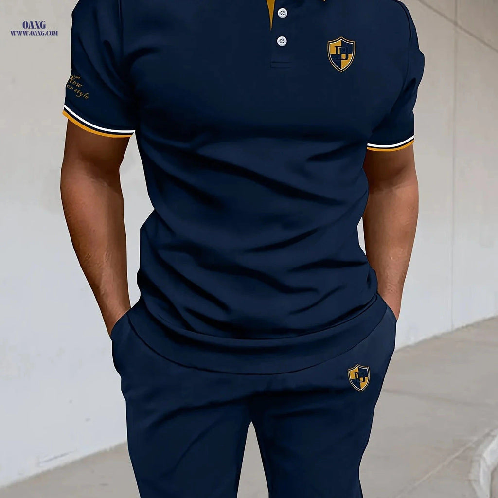 Men's Casual Polo Shirt Set - Pique Mesh Letter Pattern Top & Bottom   OAXG 