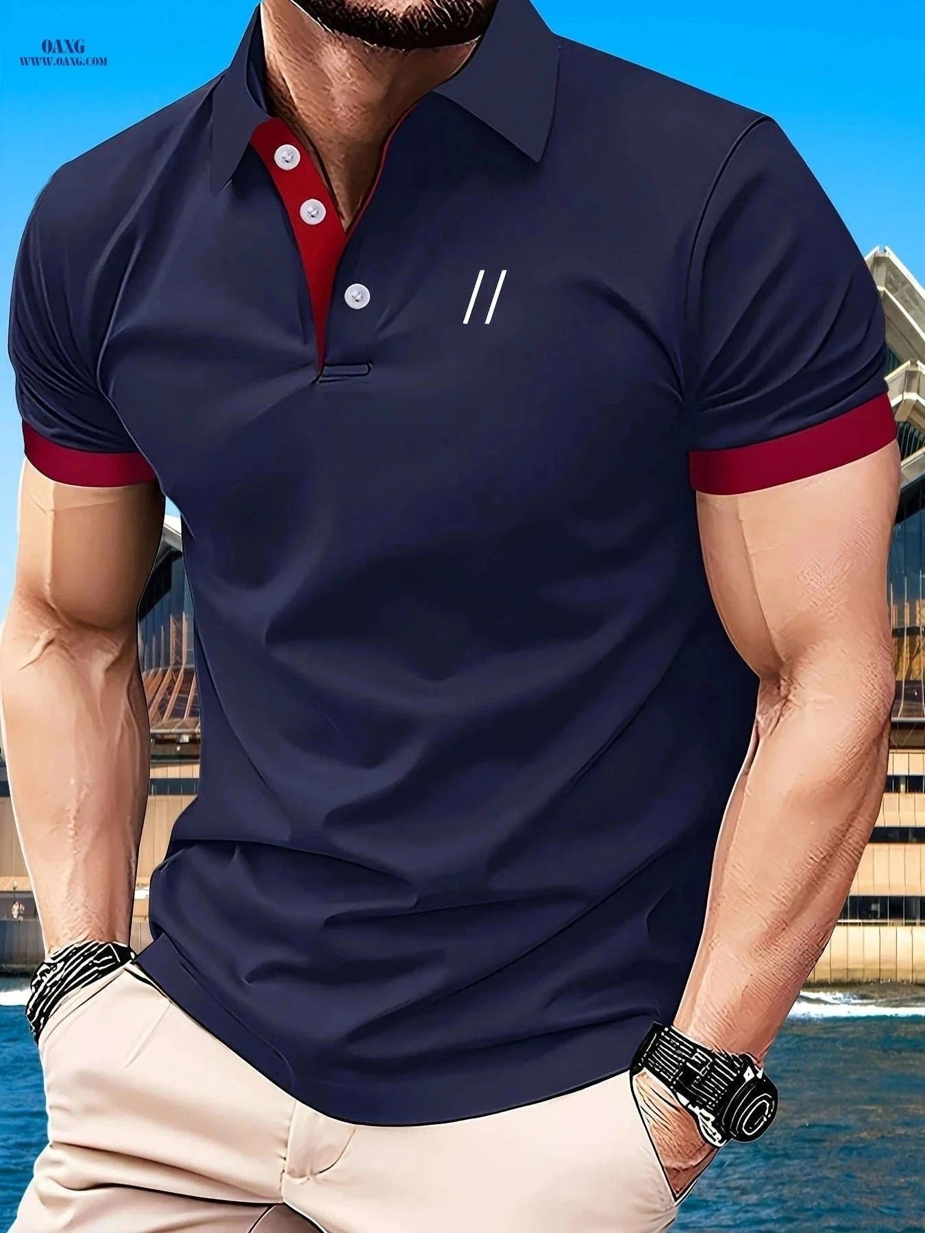 Men's Casual Polo Shirt - Short Sleeve Geometric Pattern Golf Shirt   OAXG Bright Steel Blue / FR S