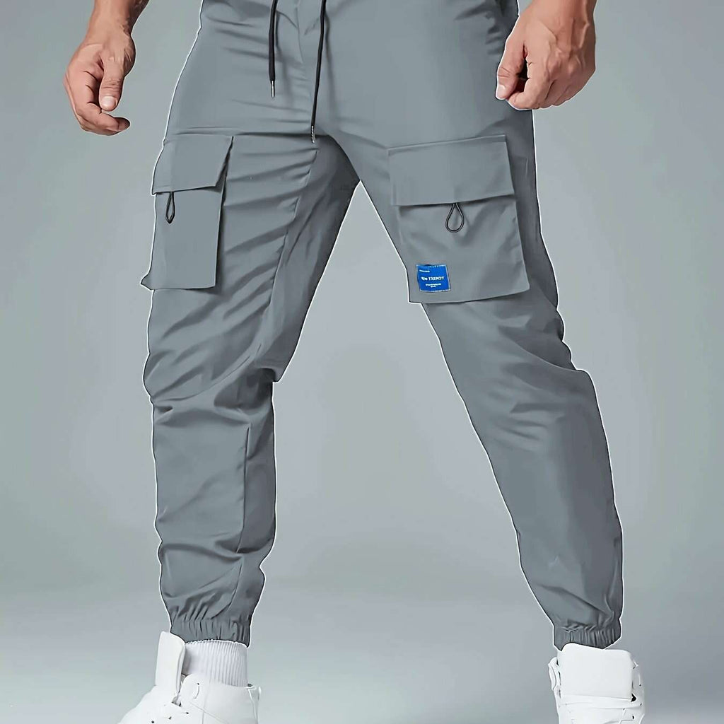 Men's Casual Polyester Cargo Pants - Multi-Pocket & Drawstring Waist   OAXG 