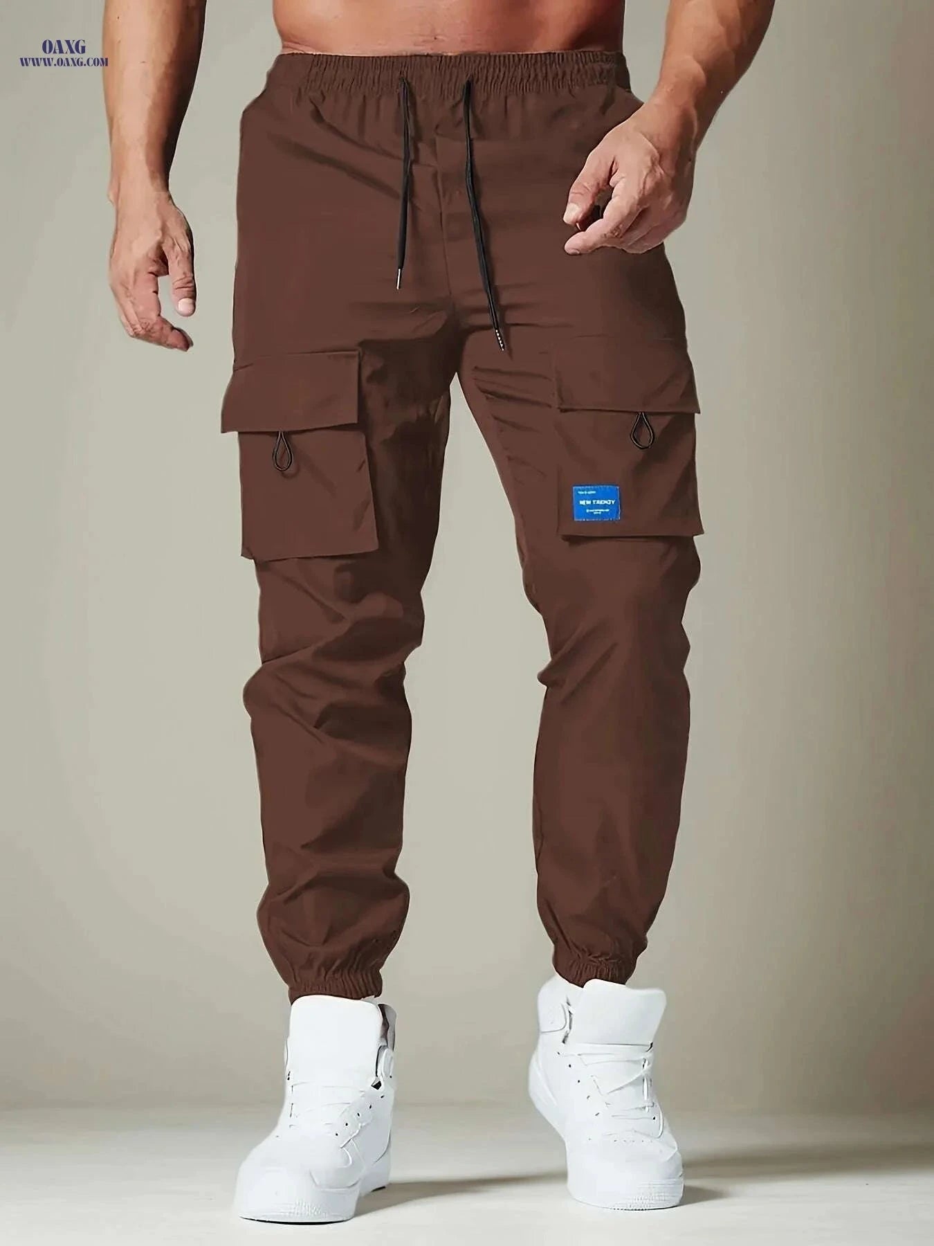 Men's Casual Polyester Cargo Pants - Multi-Pocket & Drawstring Waist   OAXG 