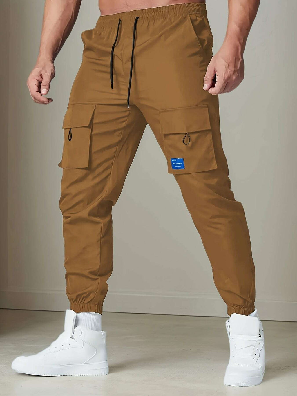 Men's Casual Polyester Cargo Pants - Multi-Pocket & Drawstring Waist   OAXG 