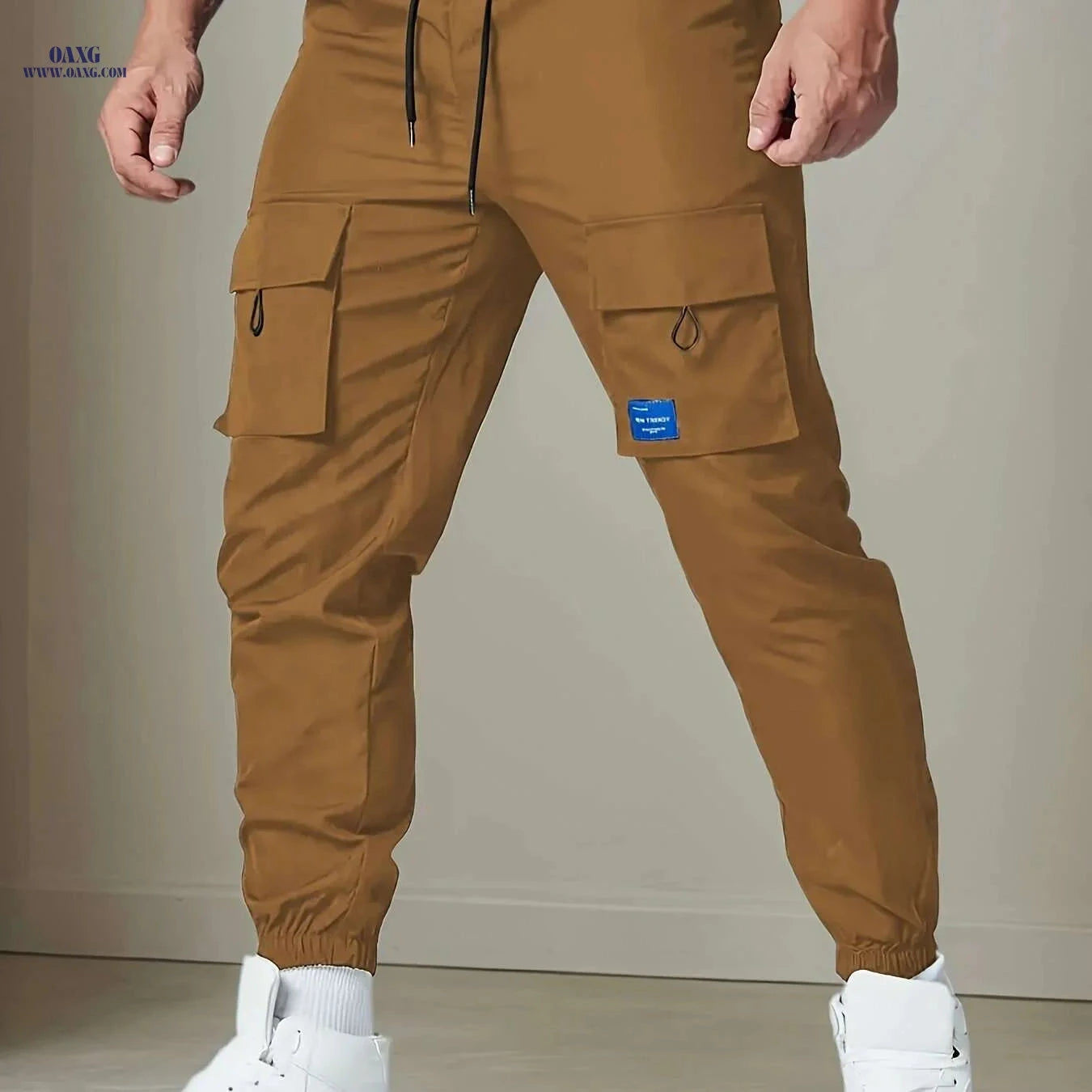 Men's Casual Polyester Cargo Pants - Multi-Pocket & Drawstring Waist   OAXG Khaki / S