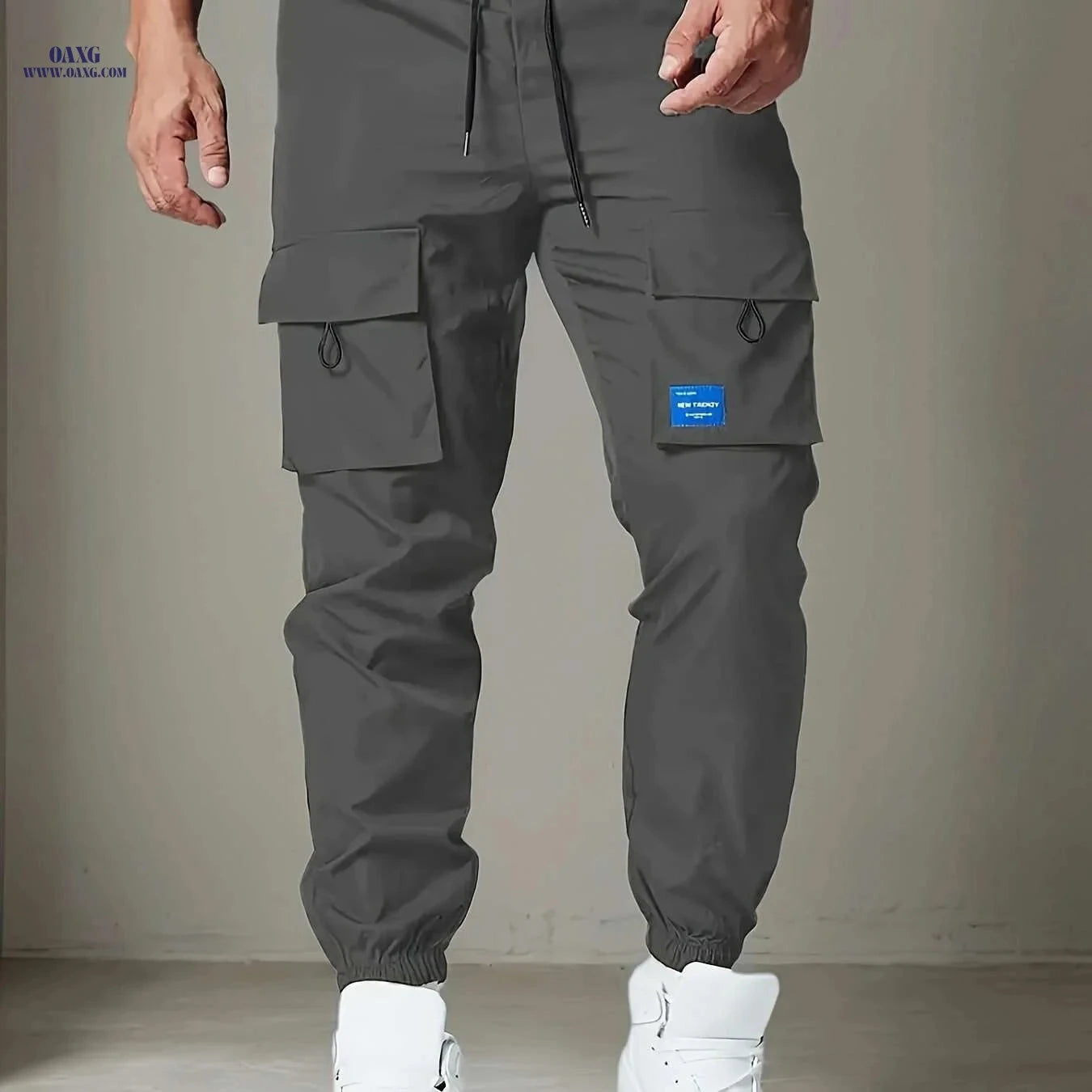 Men's Casual Polyester Cargo Pants - Multi-Pocket & Drawstring Waist   OAXG Khaki / S