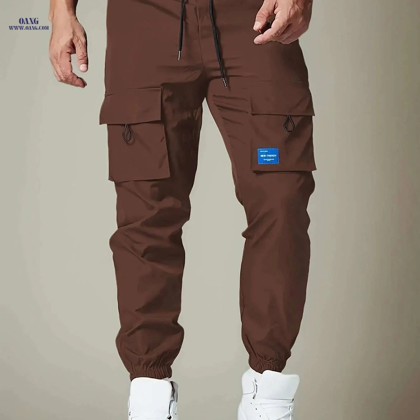 Men's Casual Polyester Cargo Pants - Multi-Pocket & Drawstring Waist   OAXG Khaki / S