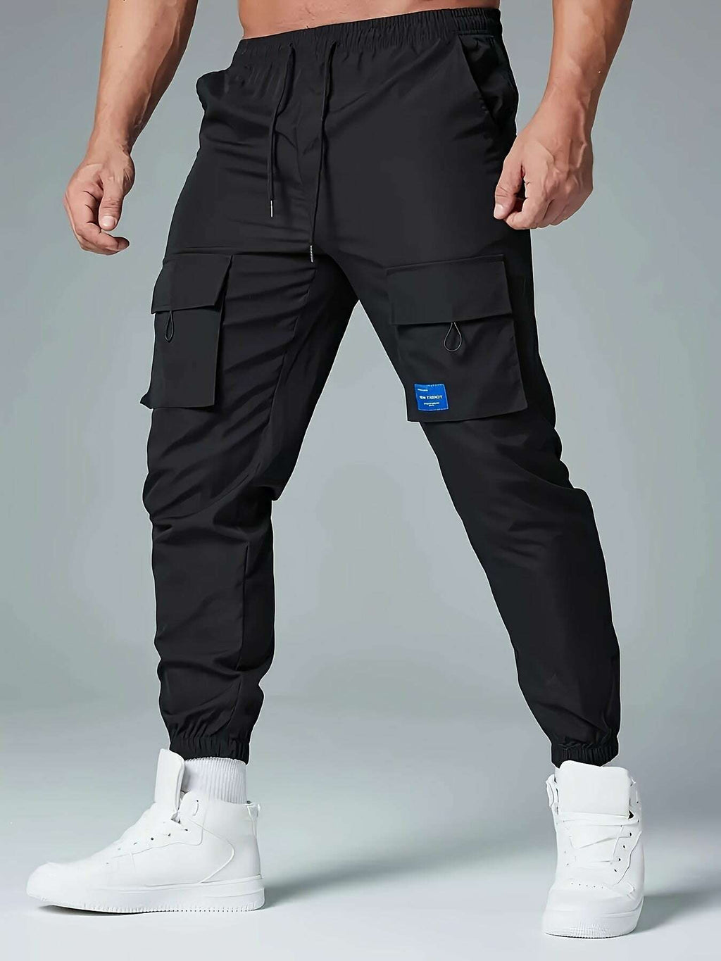 Men's Casual Polyester Cargo Pants - Multi-Pocket & Drawstring Waist   OAXG Khaki / S