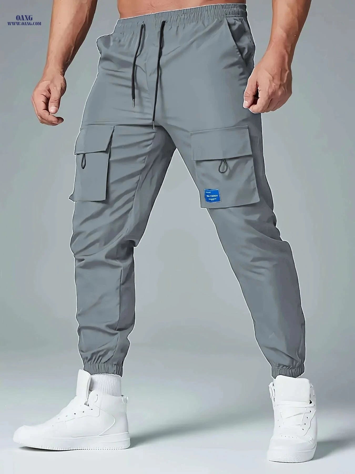 Men's Casual Polyester Cargo Pants - Multi-Pocket & Drawstring Waist   OAXG Khaki / S