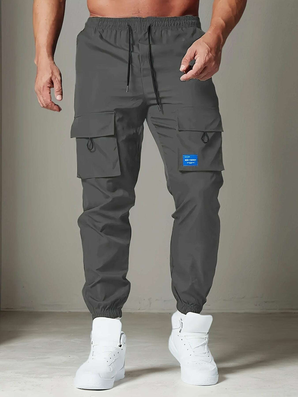 Men's Casual Polyester Cargo Pants - Multi-Pocket & Drawstring Waist   OAXG Khaki / S