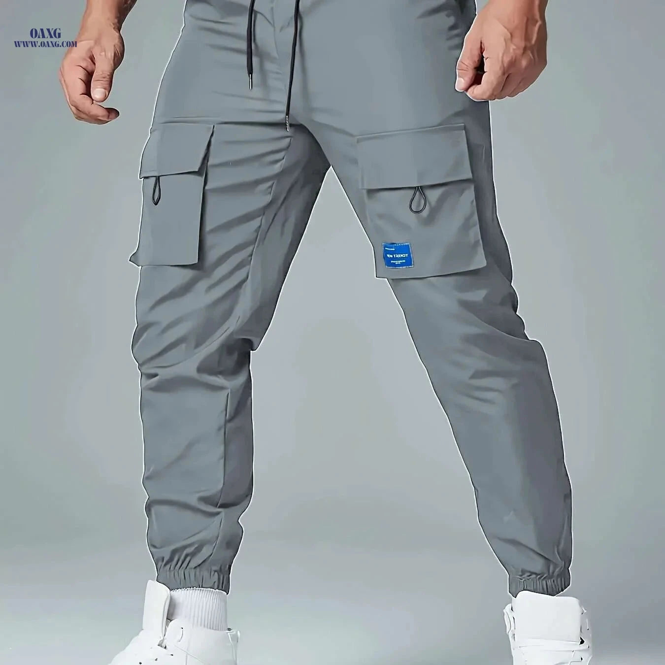 Men's Casual Polyester Cargo Pants - Multi-Pocket & Drawstring Waist   OAXG 