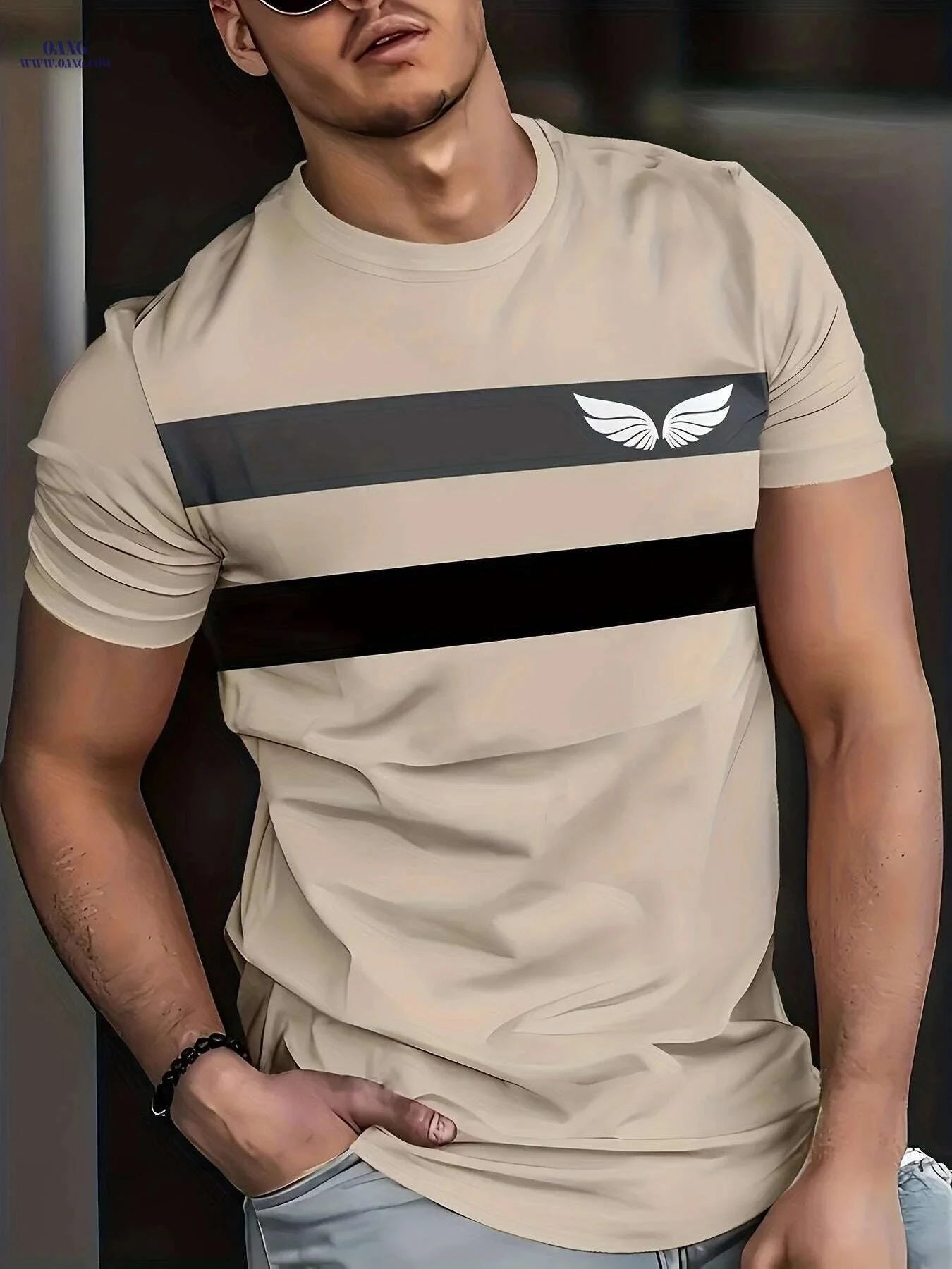 Men's Casual Print T-Shirt - 100% Polyester, Crew Neck Style   OAXG Khaki / S