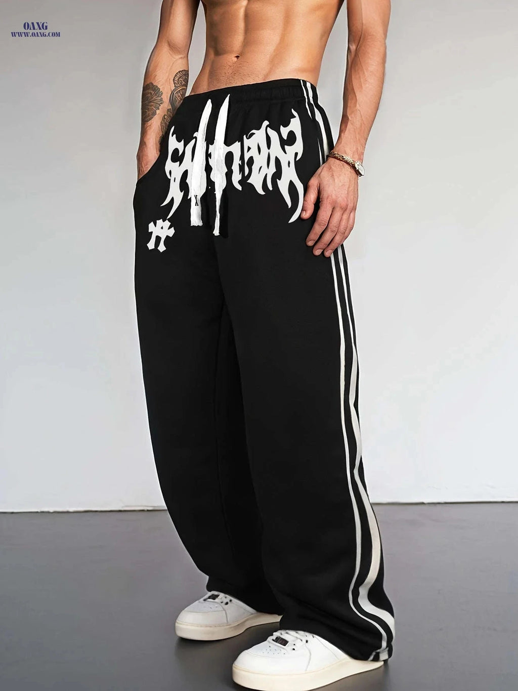Men's Casual Printed Sports Pants - Geometric Pattern, Regular Fit   OAXG 