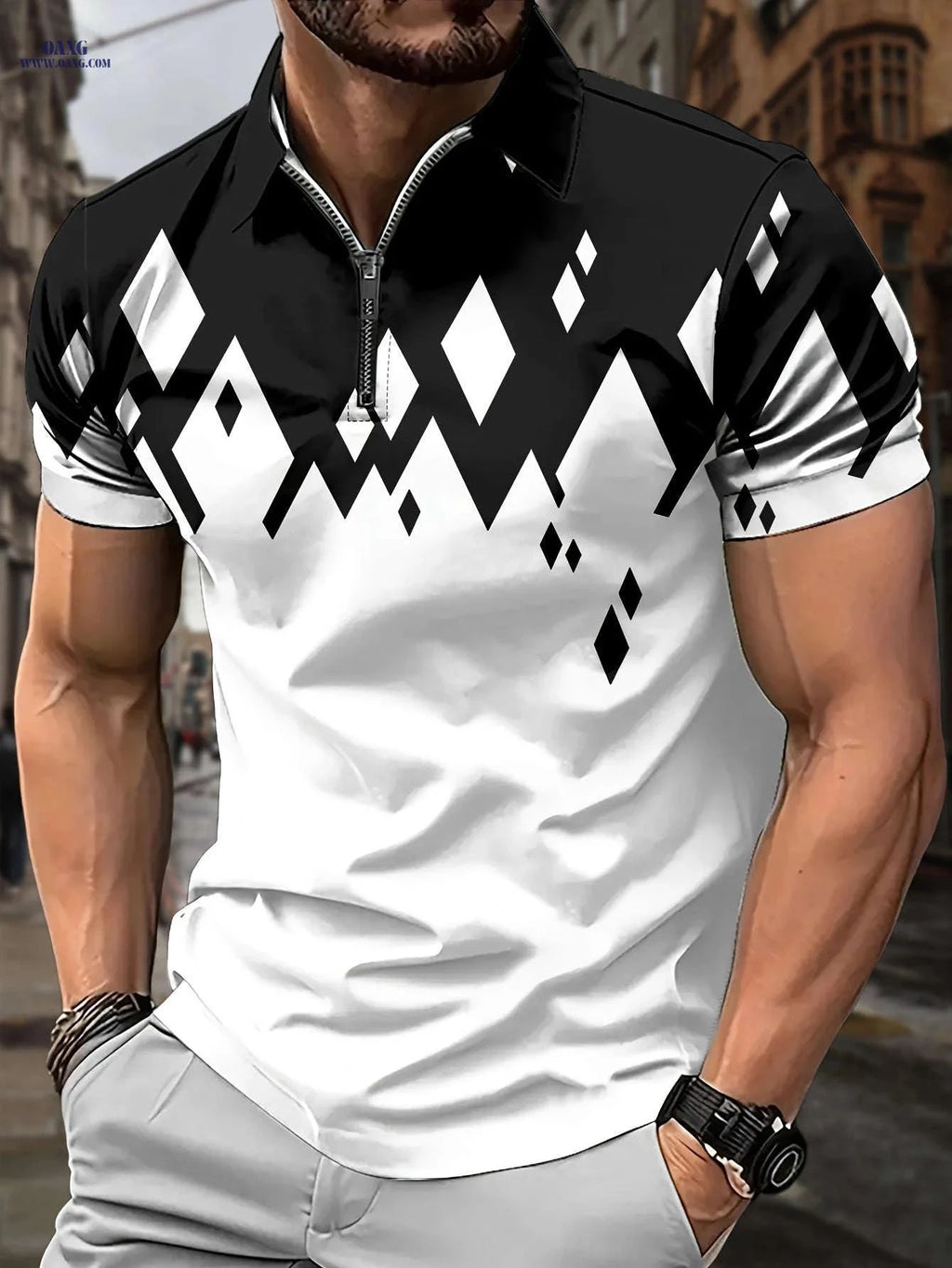 Men's Casual Rhombus Pattern Shirt - Short Sleeve, Geometric Style   OAXG Charcoal / FR M
