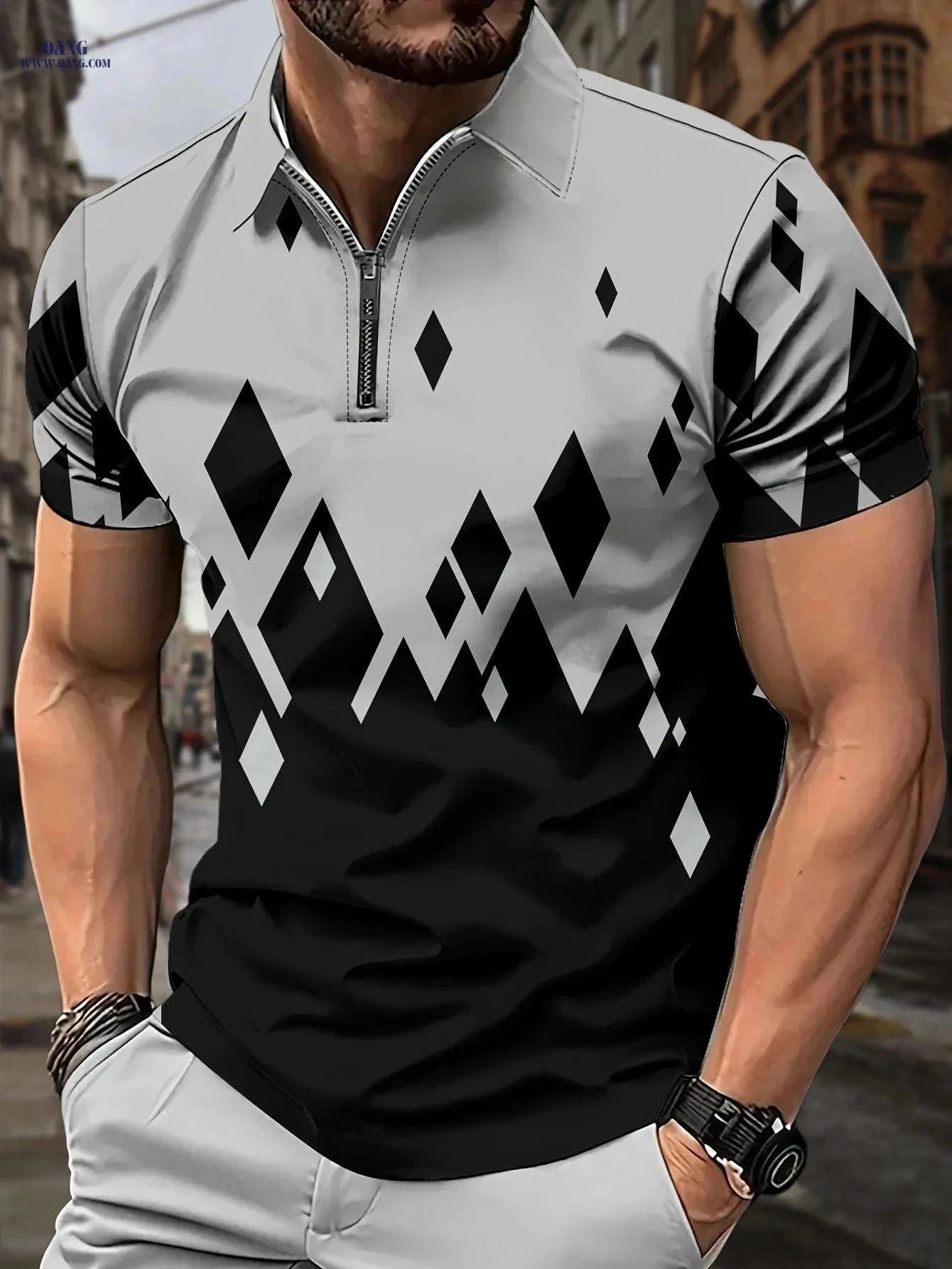 Men's Casual Rhombus Pattern Shirt - Short Sleeve, Geometric Style   OAXG Charcoal / FR M