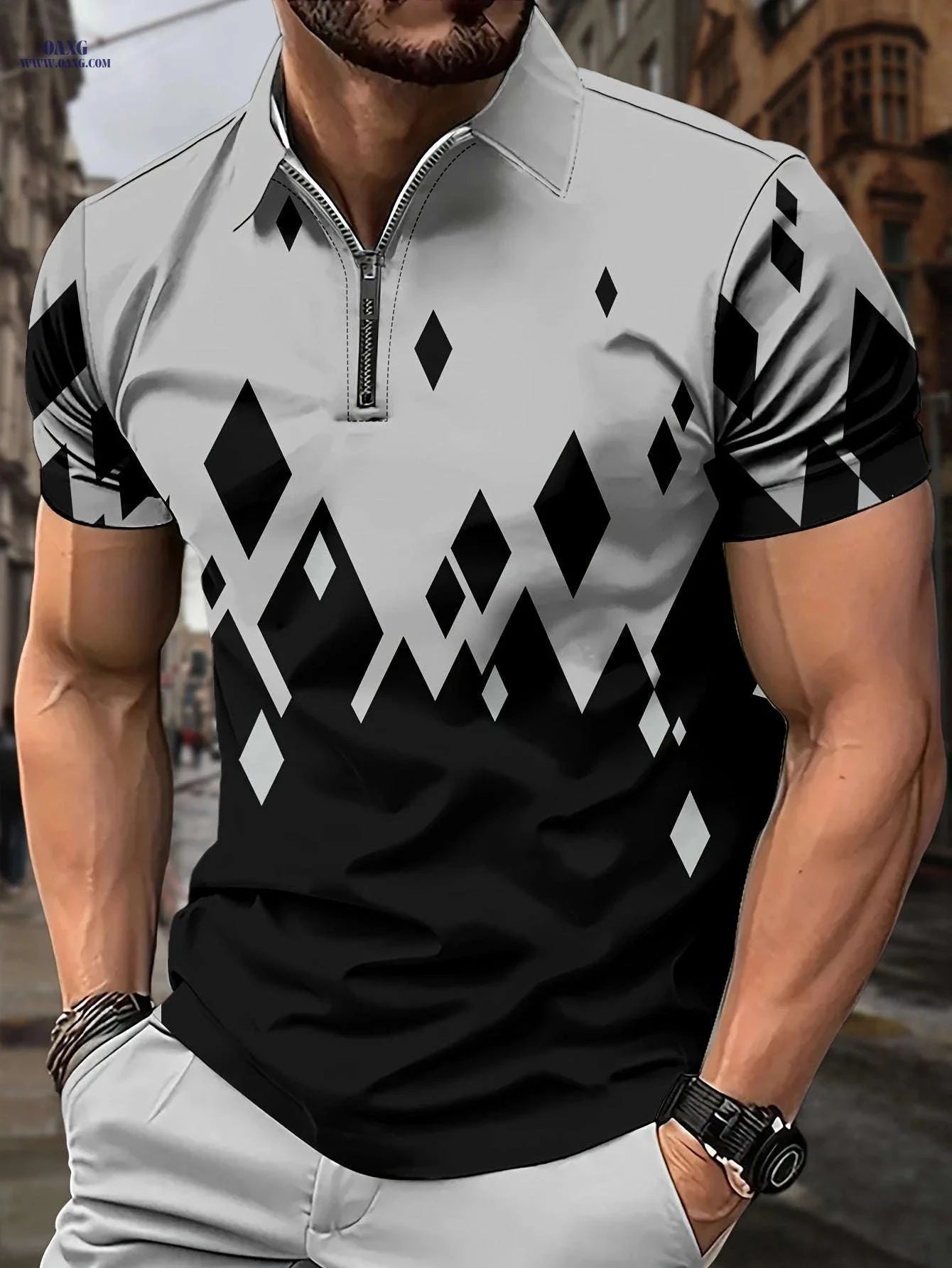 Men's Casual Rhombus Pattern Shirt - Short Sleeve, Geometric Style   OAXG Charcoal / FR M