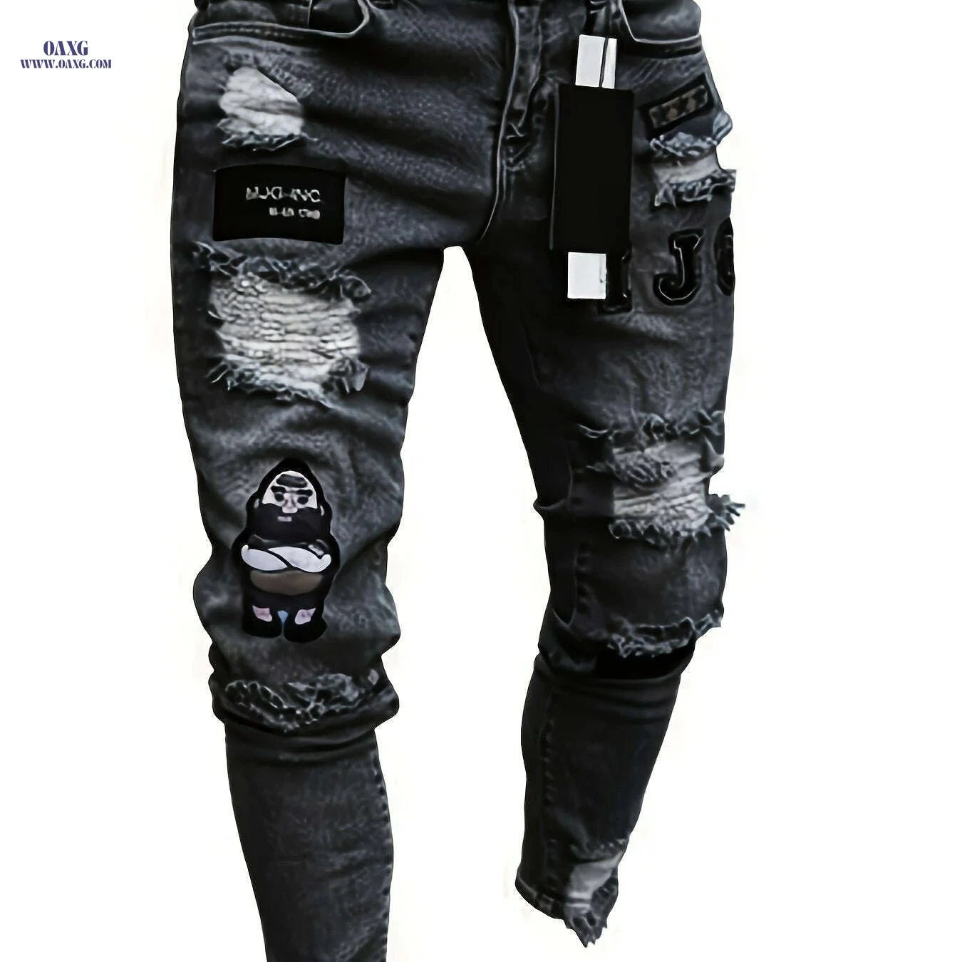 Men’s Casual Ripped Jeans - Slim Fit Stretch Distressed Pants   OAXG White / S