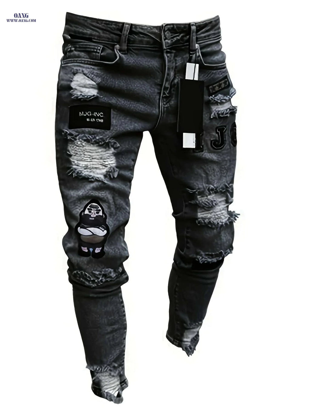 Men’s Casual Ripped Jeans - Slim Fit Stretch Distressed Pants   OAXG White / S