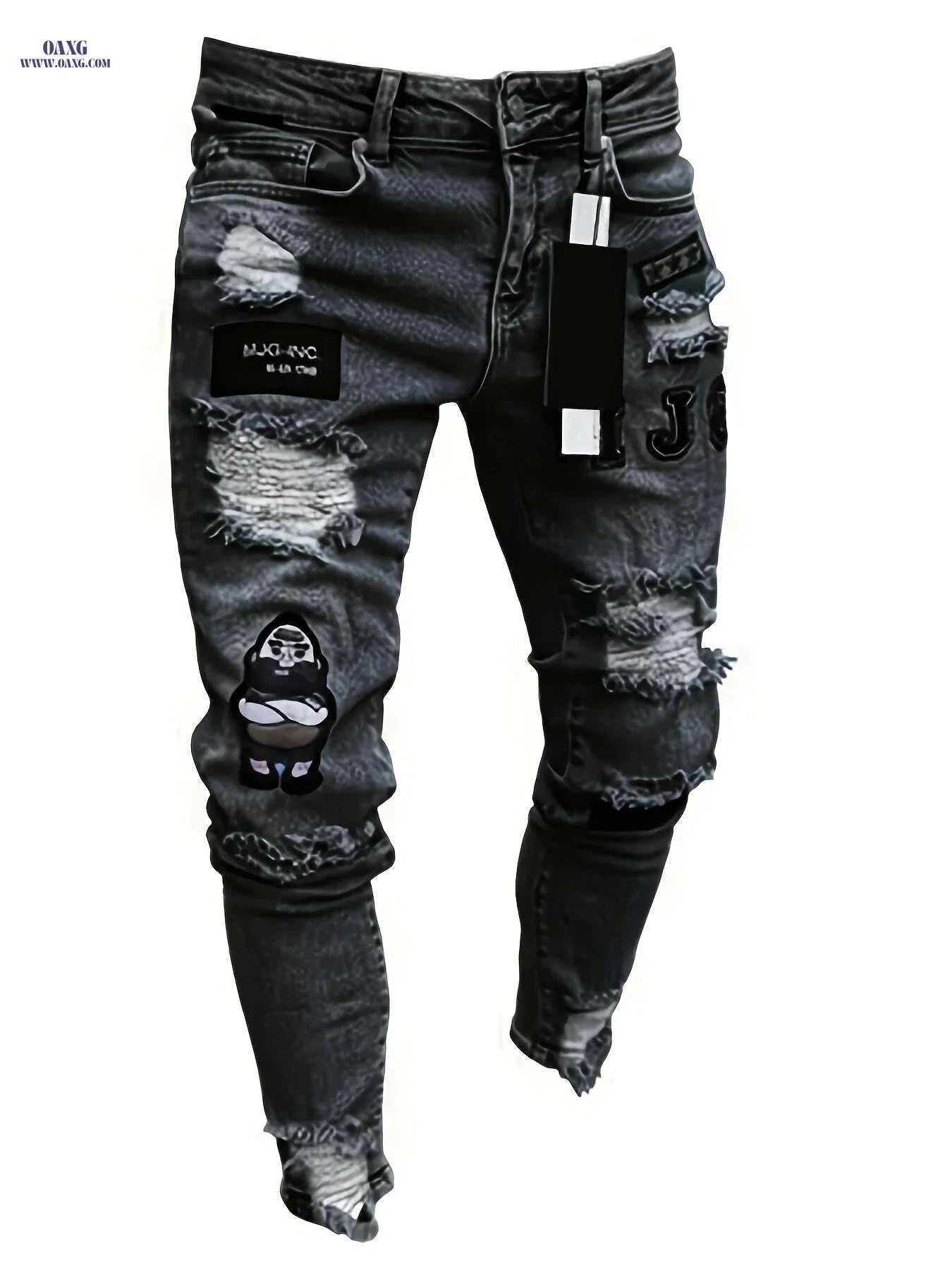 Men’s Casual Ripped Jeans - Slim Fit Stretch Distressed Pants   OAXG White / S