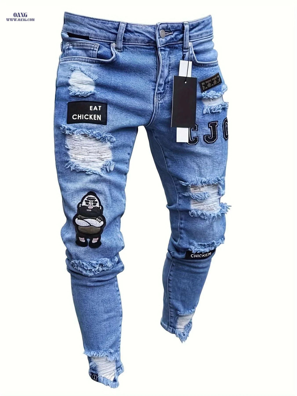 Men’s Casual Ripped Jeans - Slim Fit Stretch Distressed Pants   OAXG White / S