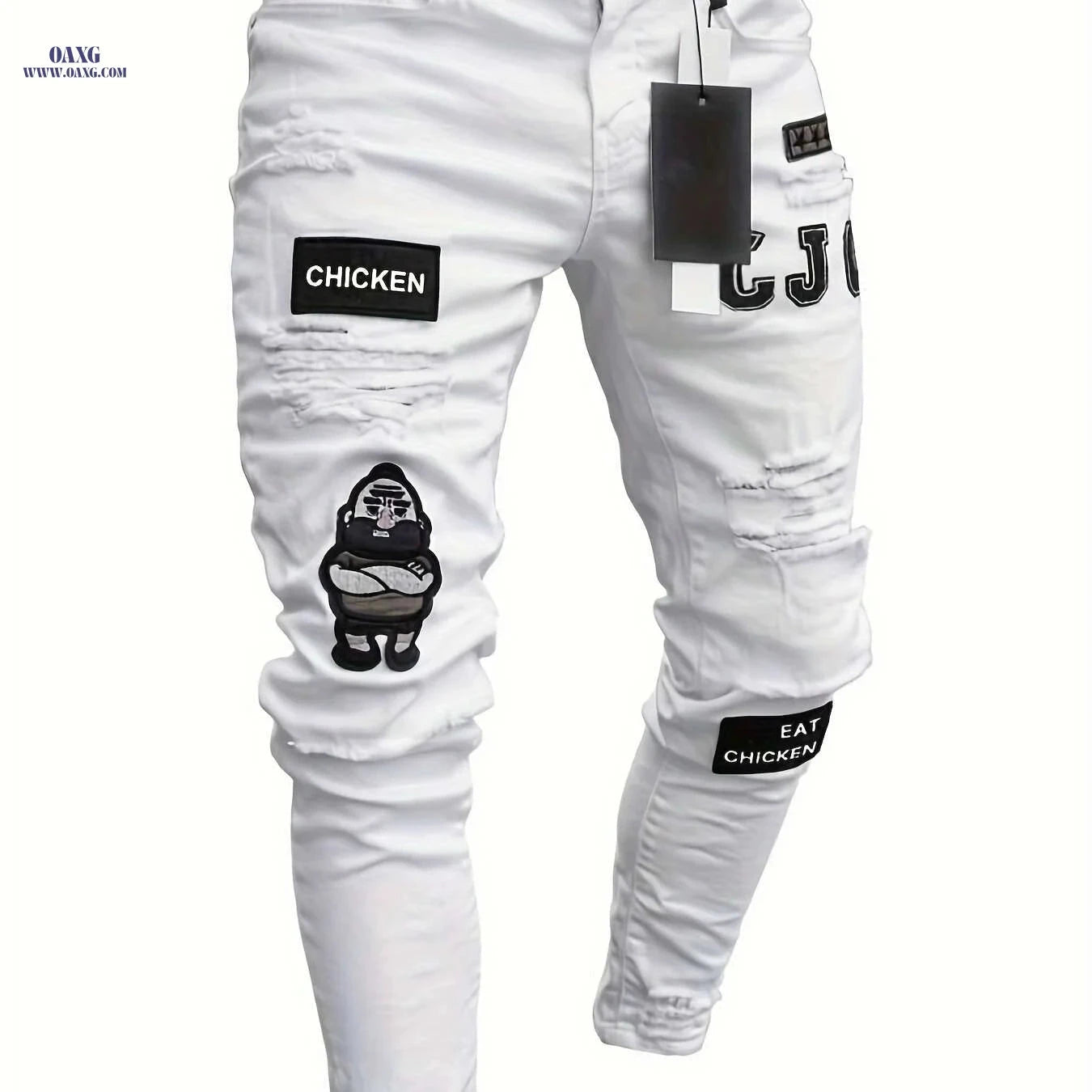 Men’s Casual Ripped Jeans - Slim Fit Stretch Distressed Pants   OAXG White / S