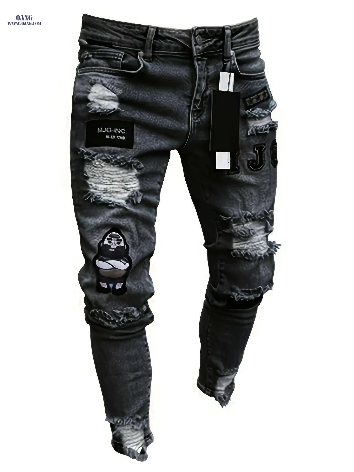 Men’s Casual Ripped Jeans - Slim Fit Stretch Distressed Pants   OAXG White / S