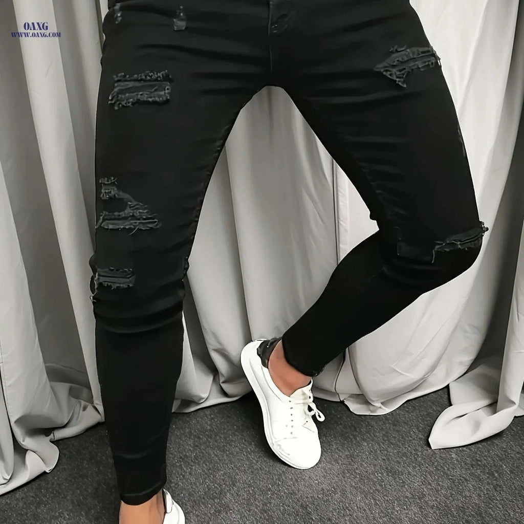 Men's Casual Ripped Slim-Fit High-Stretch Jeans - All-Season Style   OAXG Black / FR XXS