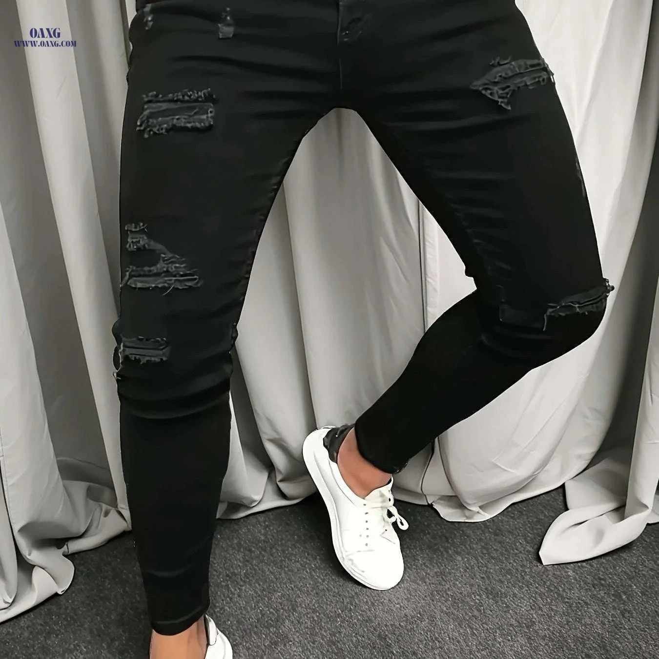 Men's Casual Ripped Slim-Fit High-Stretch Jeans - All-Season Style   OAXG Black / FR XXS