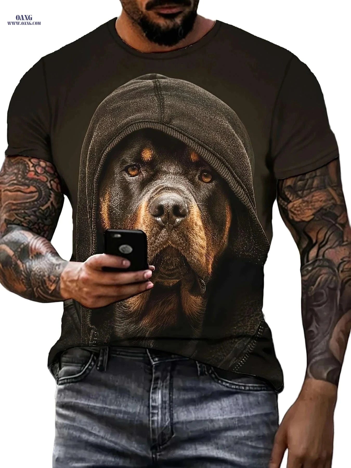 Men's Casual Rottweiler Print T-Shirt - Soft Polyester, Crew Neck   OAXG Coffee color / S