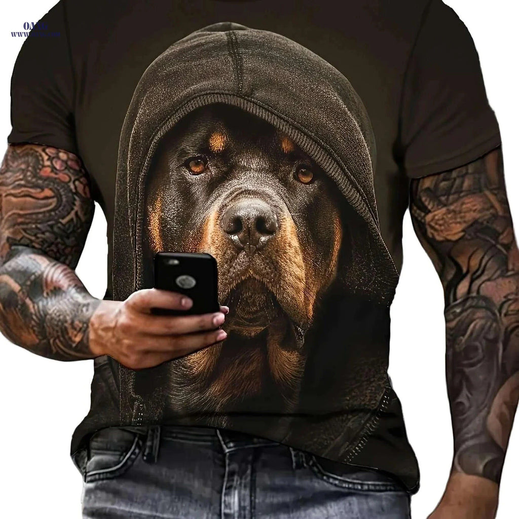 Men's Casual Rottweiler Print T-Shirt - Soft Polyester, Crew Neck   OAXG 