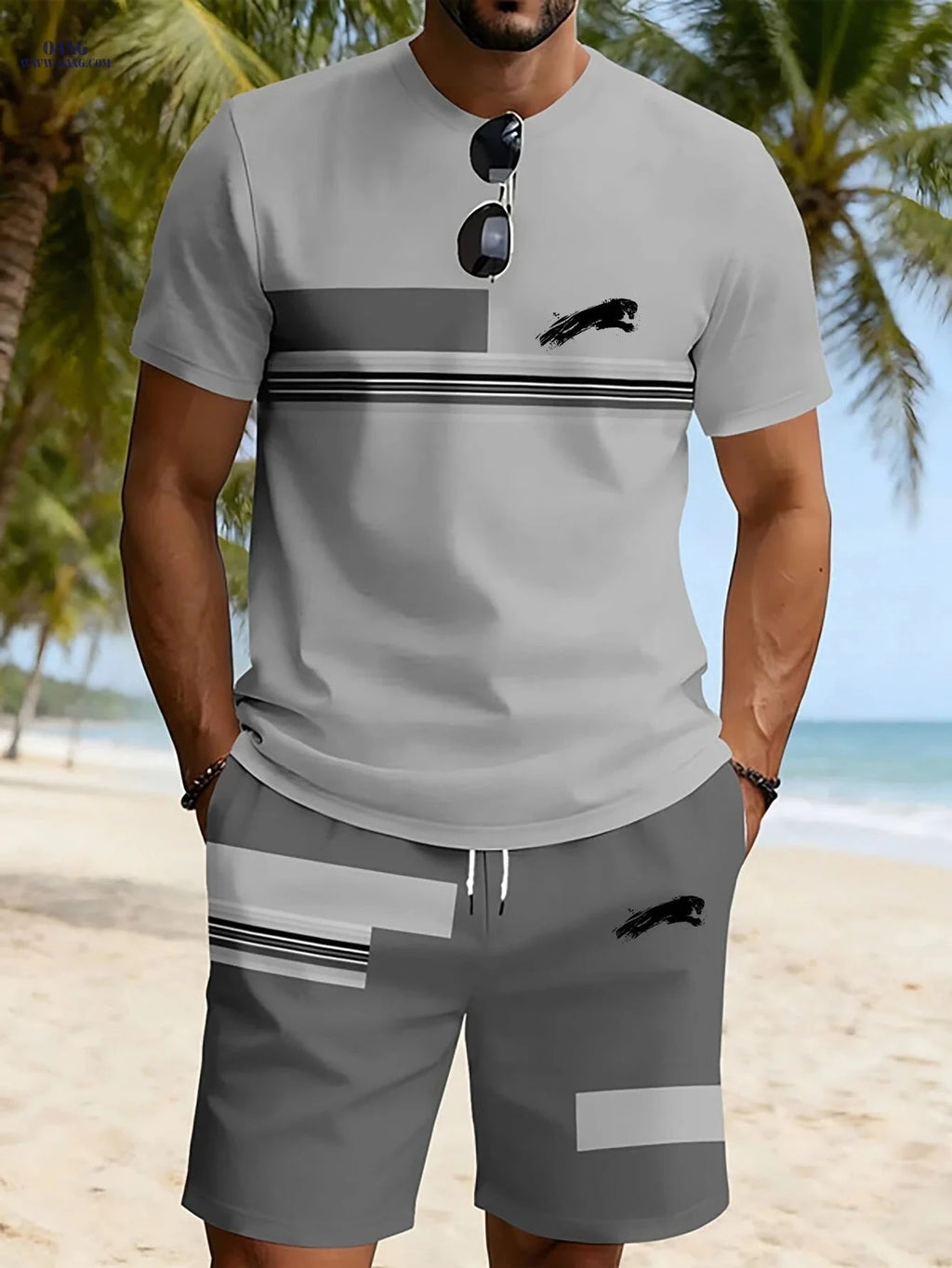 Men's Casual Round Neck Printed Set - Stylish Short Sleeve Tee & Shorts   OAXG 