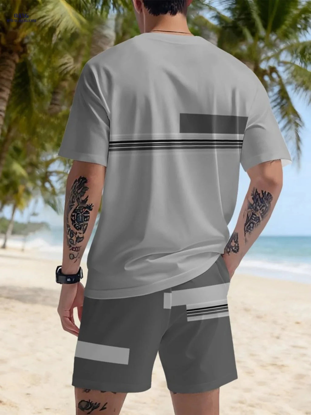 Men's Casual Round Neck Printed Set - Stylish Short Sleeve Tee & Shorts   OAXG 