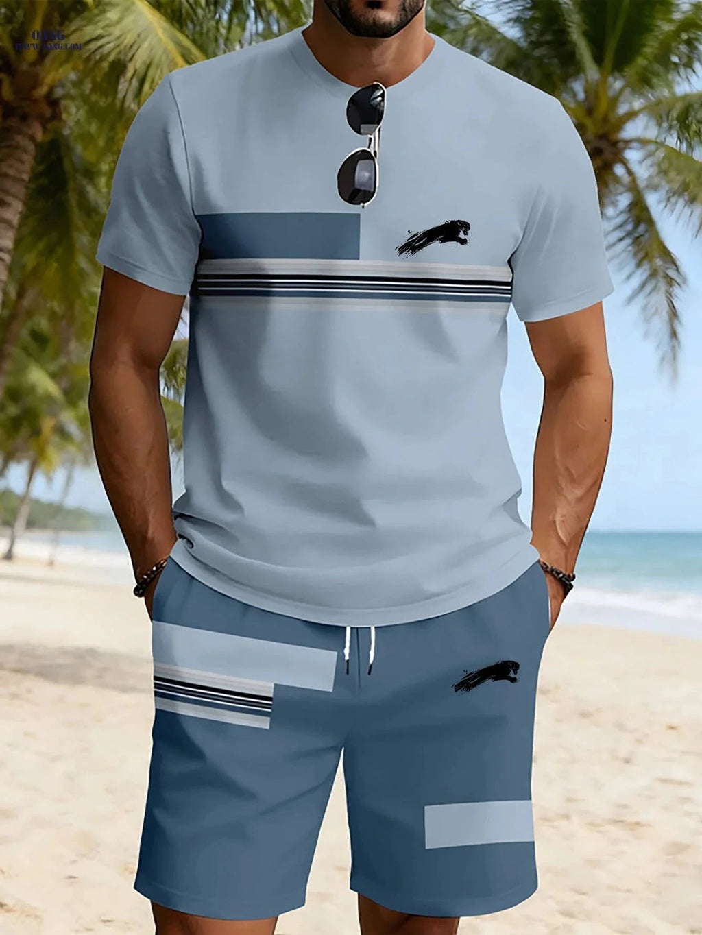 Men's Casual Round Neck Printed Set - Stylish Short Sleeve Tee & Shorts   OAXG 